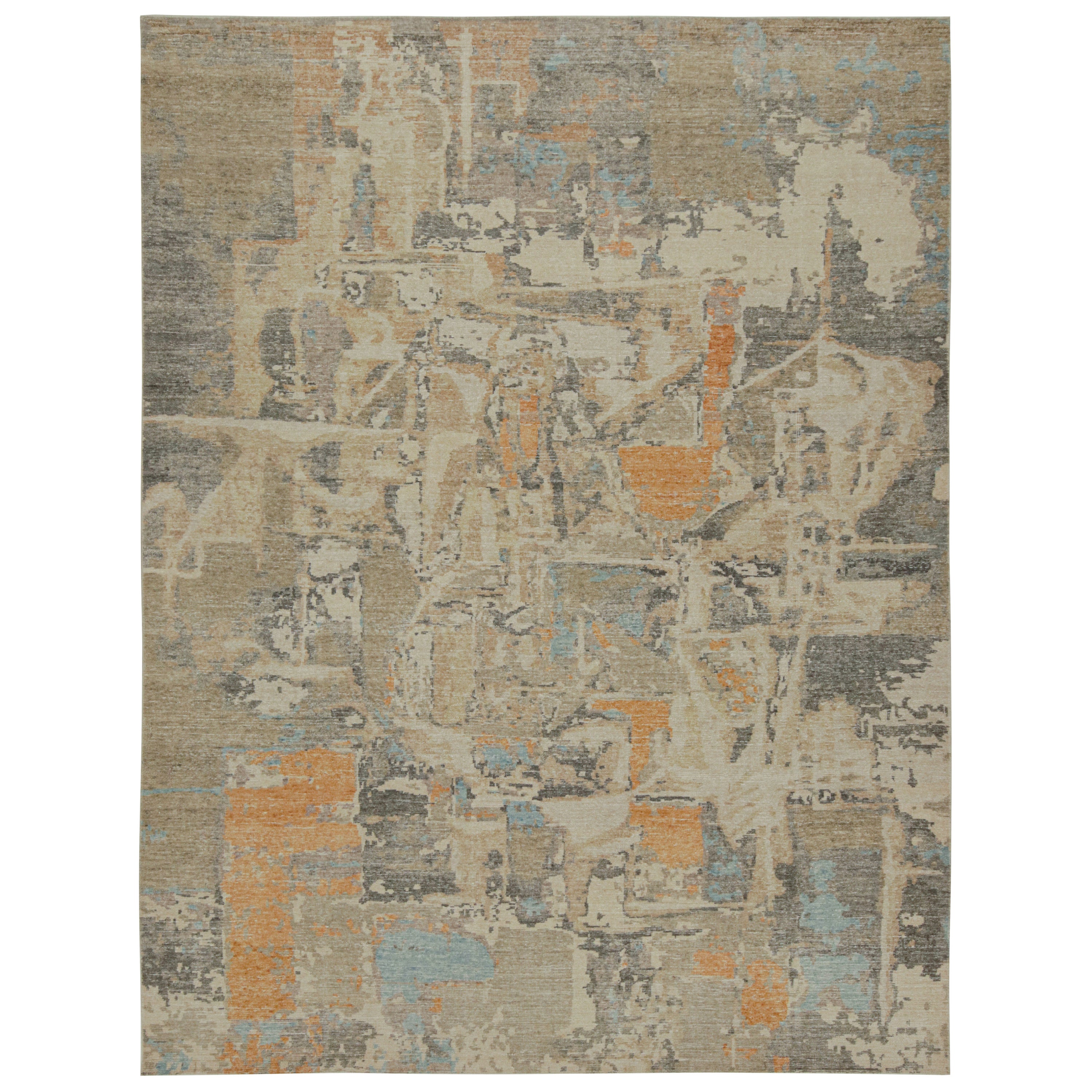 Rug & Kilim’s Distressed Swedish Style Abstract Rug in Beige, Blue and Orange For Sale