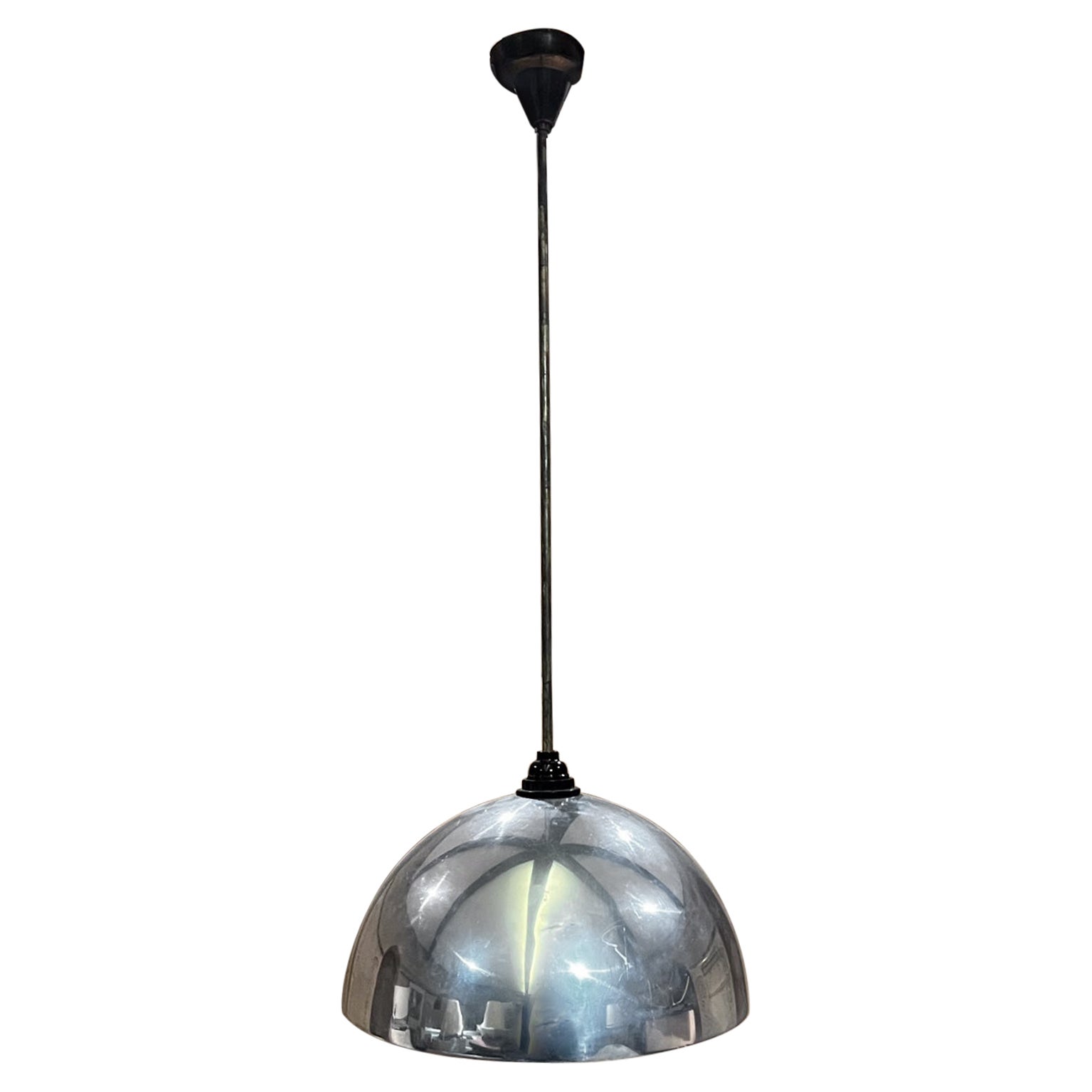 1950s Modernist Space Age Silver Dome Suspension Lamp en vente