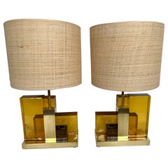 Contemporary Pair of Lamps Cubic Yellow Amber Murano Glass and Brass, Italy