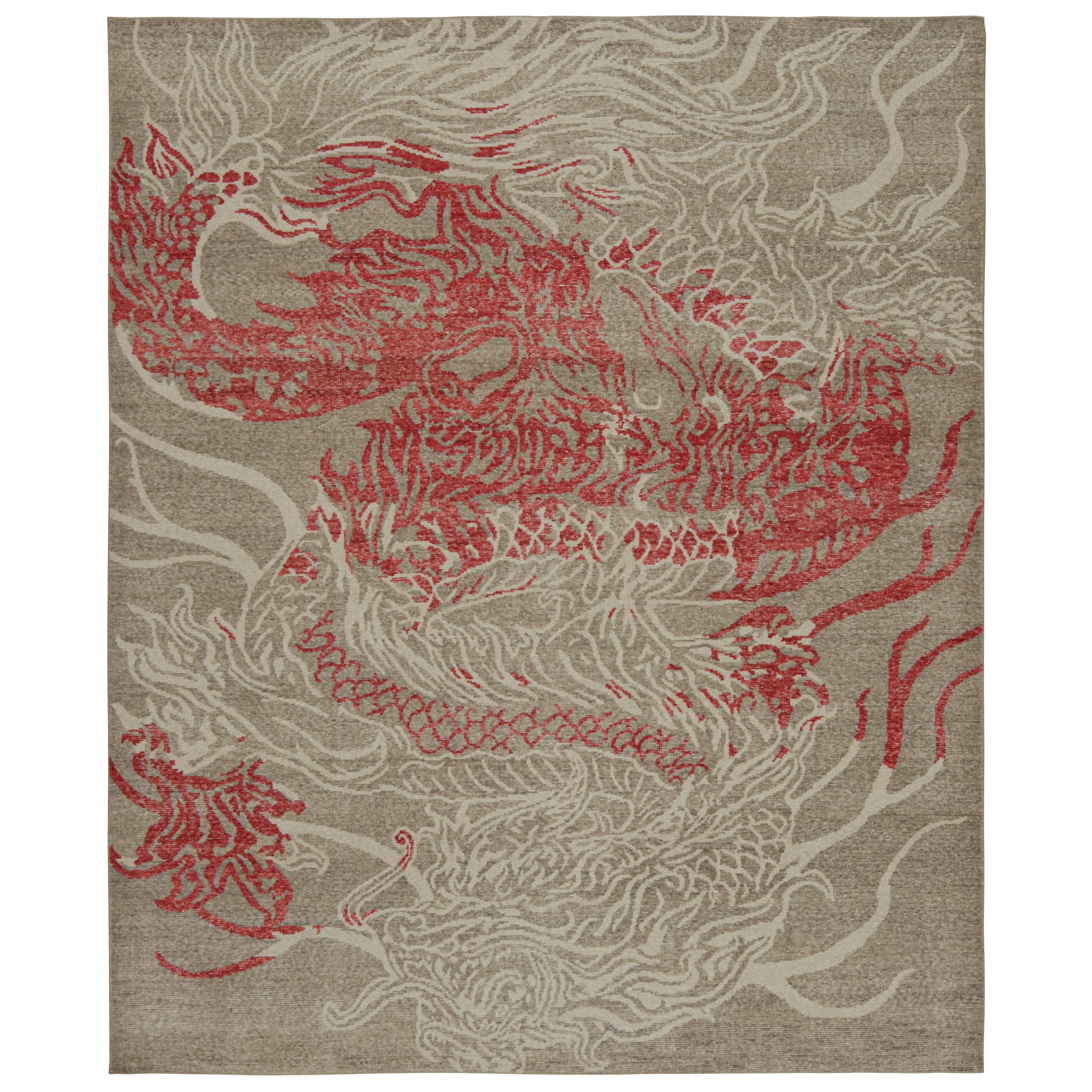 Rug & Kilim’s Modern Pictorial Rug in Beige and Gray, with Red Dragon Pattern For Sale