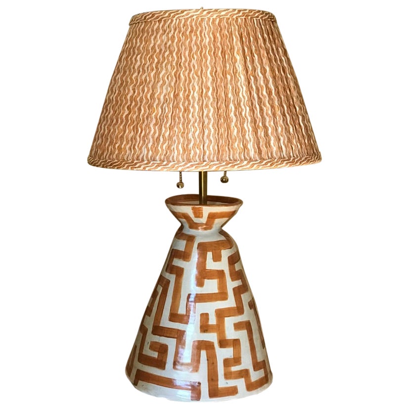 Cloche-form hand painted ceramic lamp in geometric brown For Sale