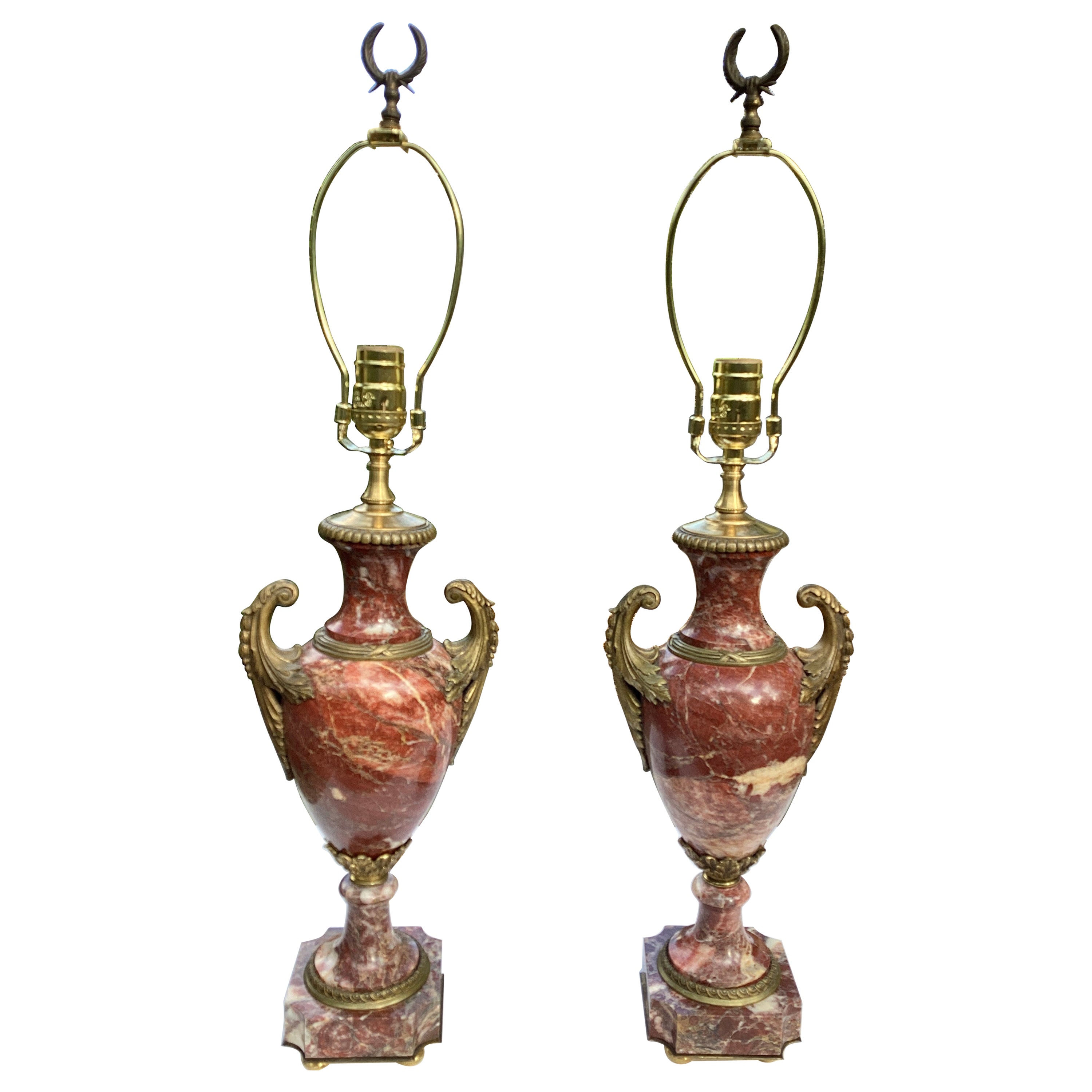 Pair of Antique French Rouge Marble Urns and Bronze Lamps