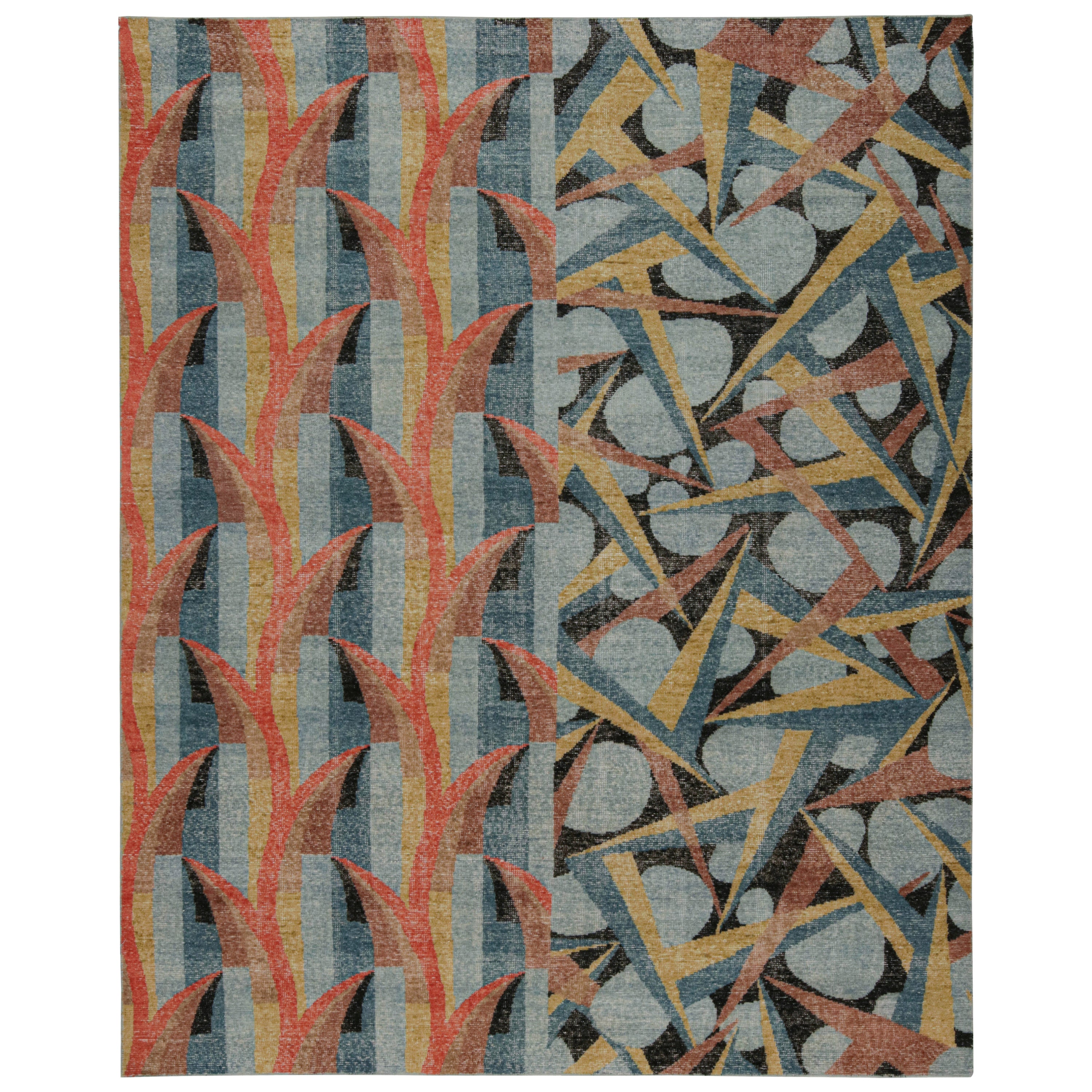 Rug & Kilim's Distressed Deco Rug in Blau & Beige-Braun Geometrische Muster
