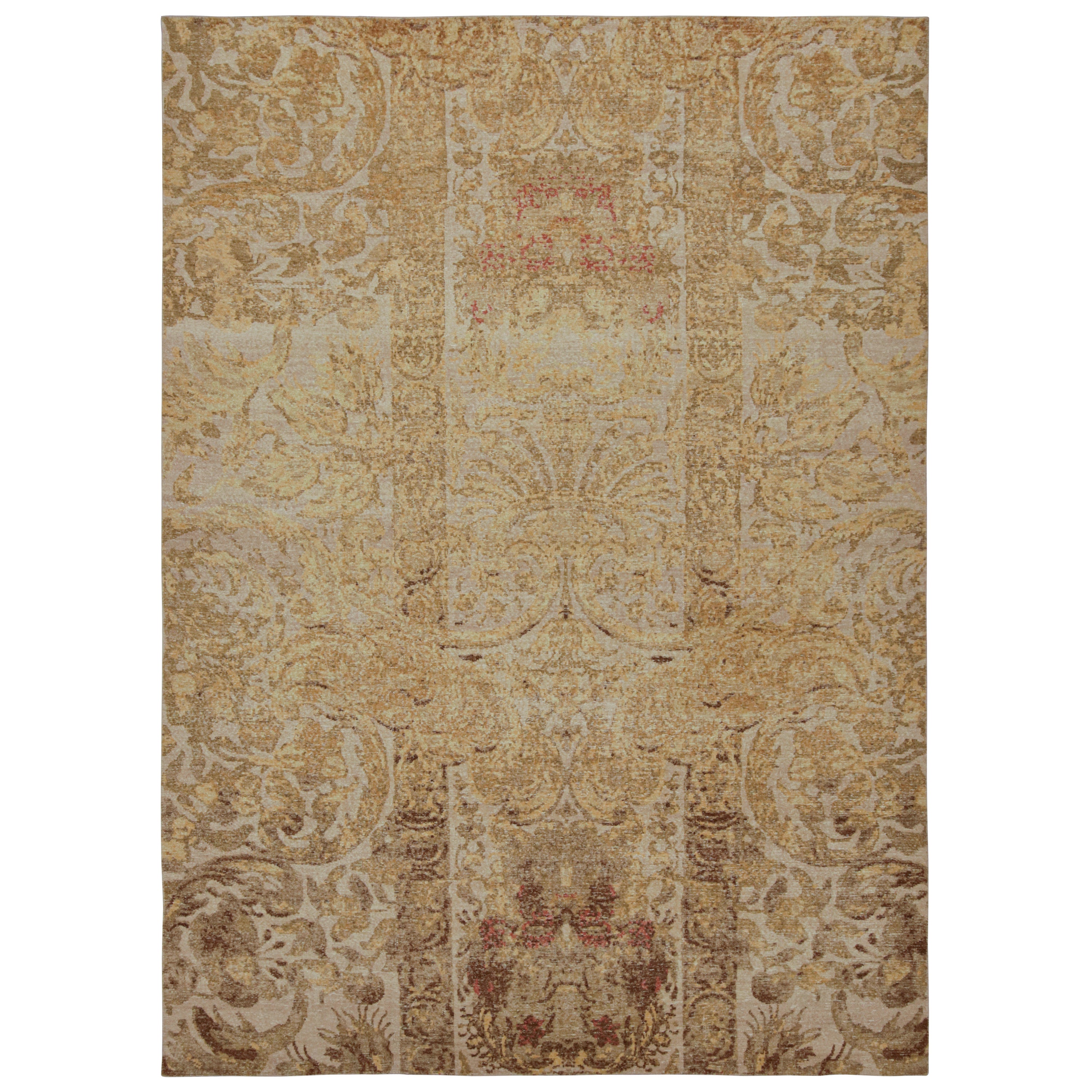 Rug & Kilim’s Distressed European Rug In Beige-Brown & Gold Floral Pattern For Sale