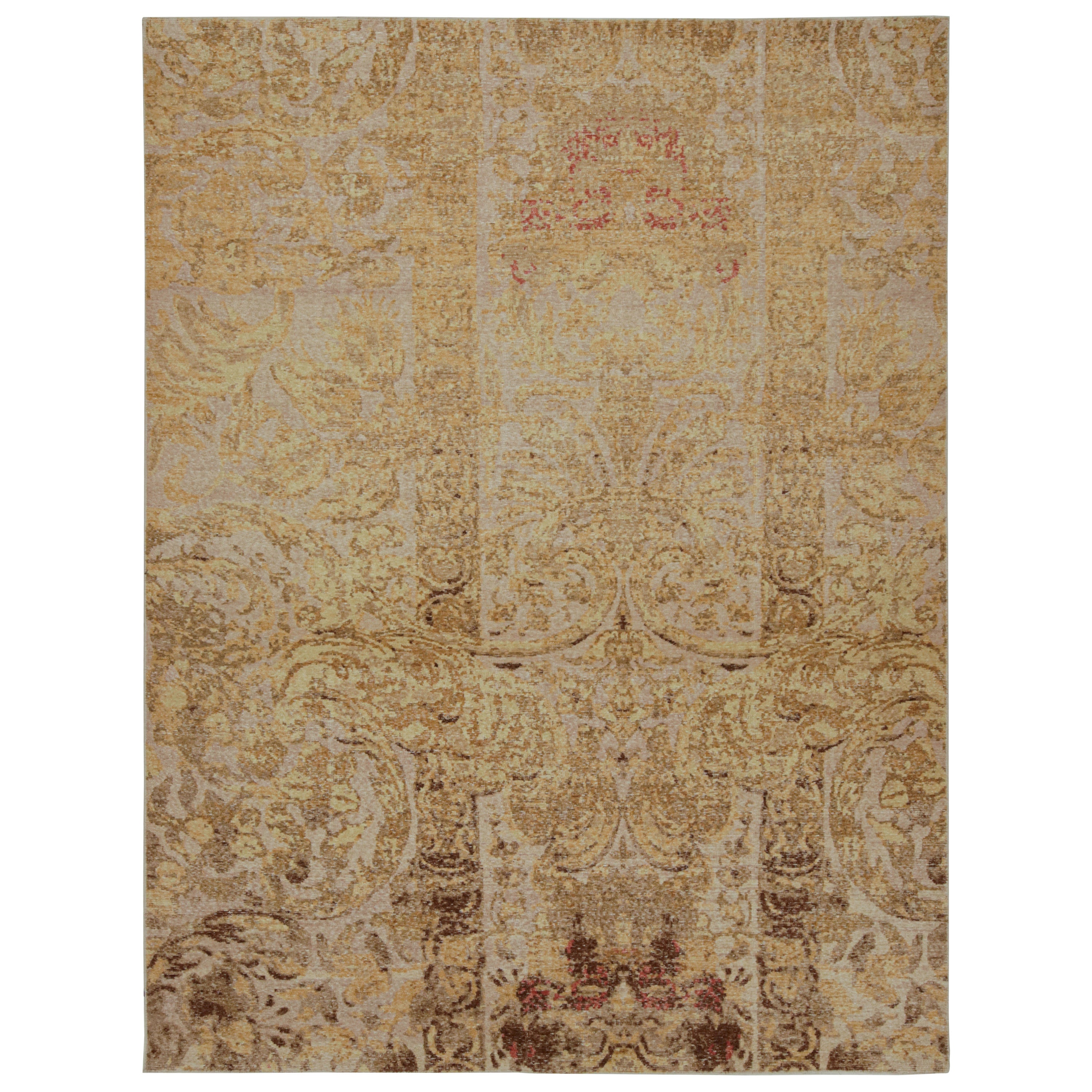 Rug & Kilim’s Distressed European Rug In Beige-Brown & Gold Floral Pattern For Sale