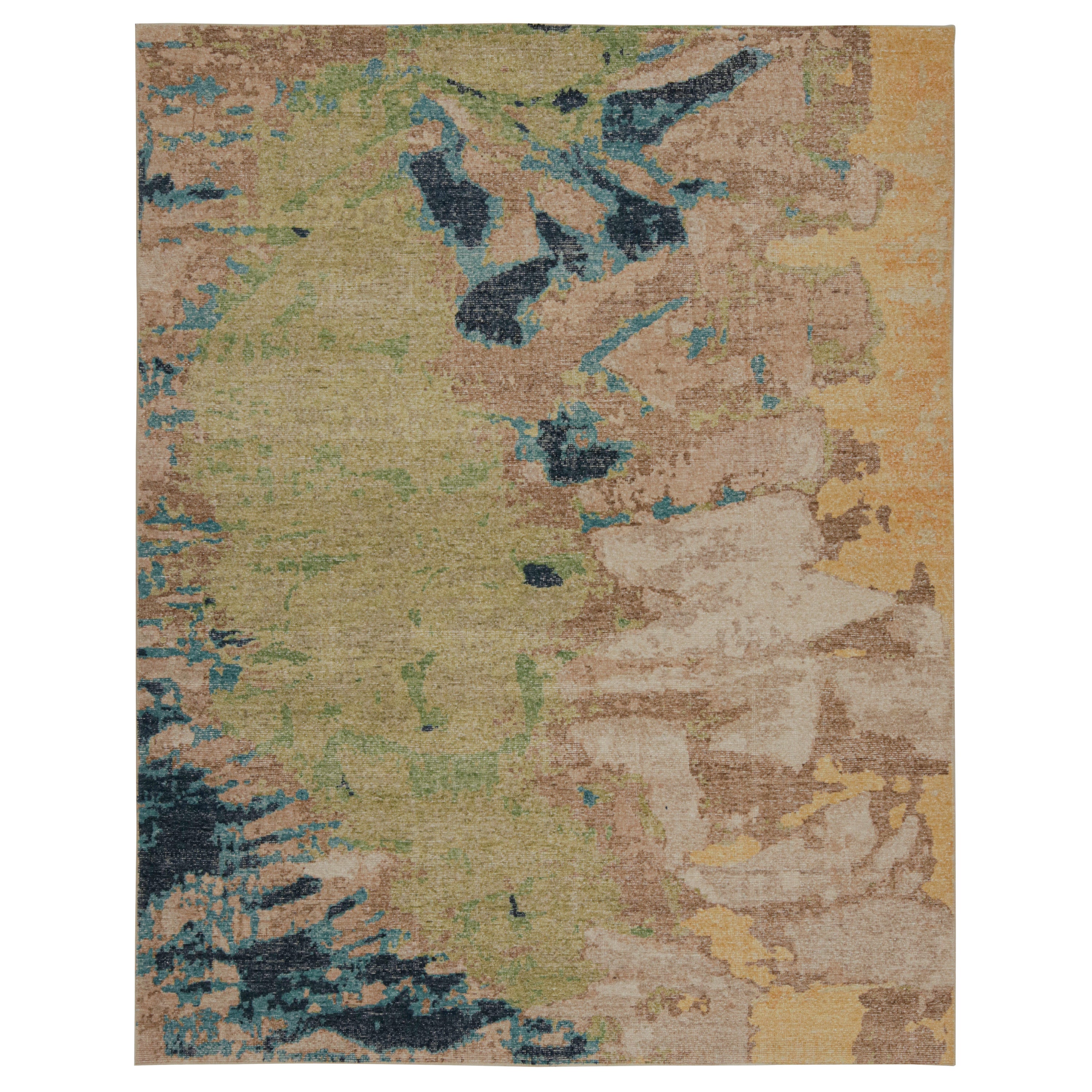 Rug & Kilim’s Modern Distressed Abstract Rug in Green, Beige-Brown and Blue For Sale