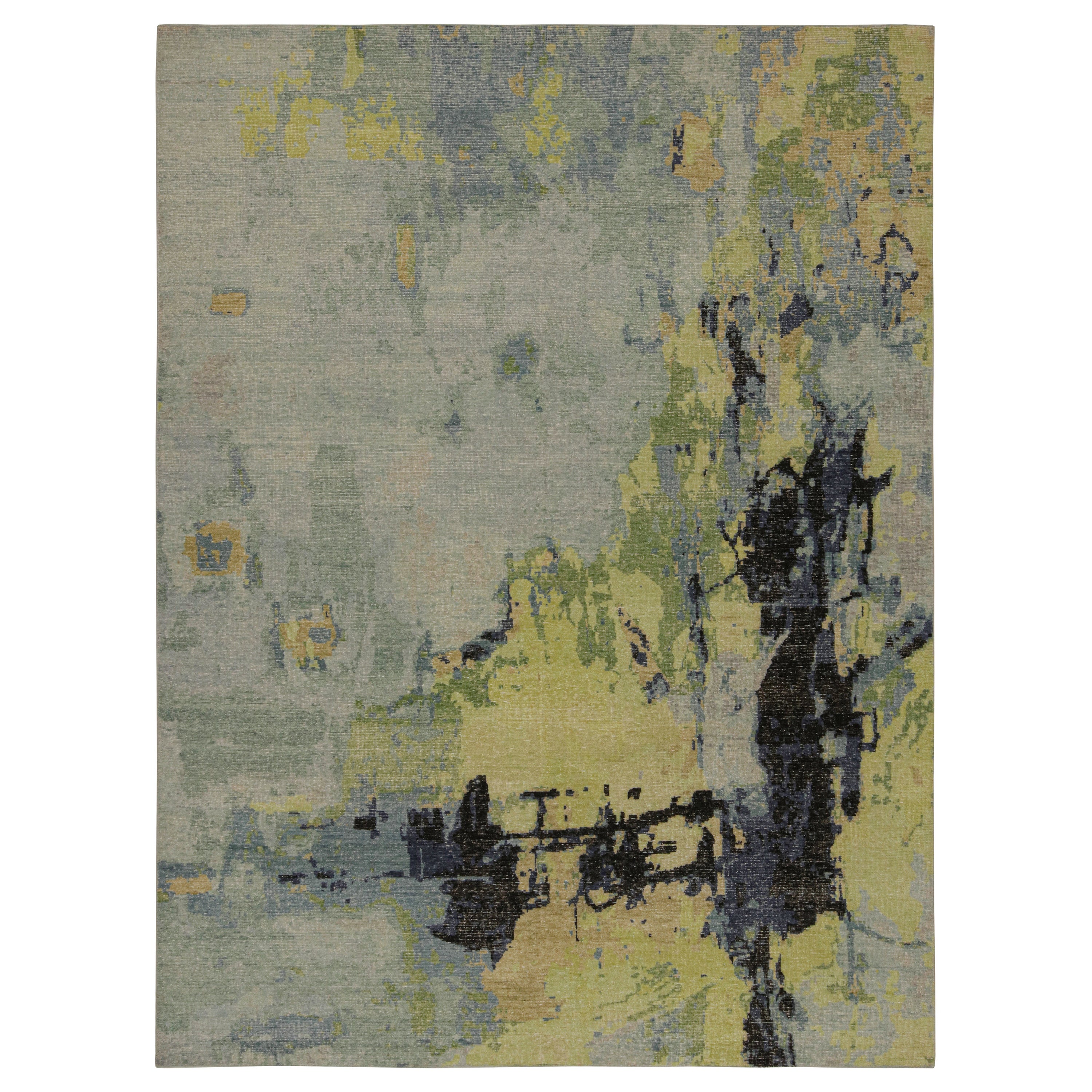 Rug & Kilim’s Contemporary Distressed Abstract Rug In Blue and Green For Sale