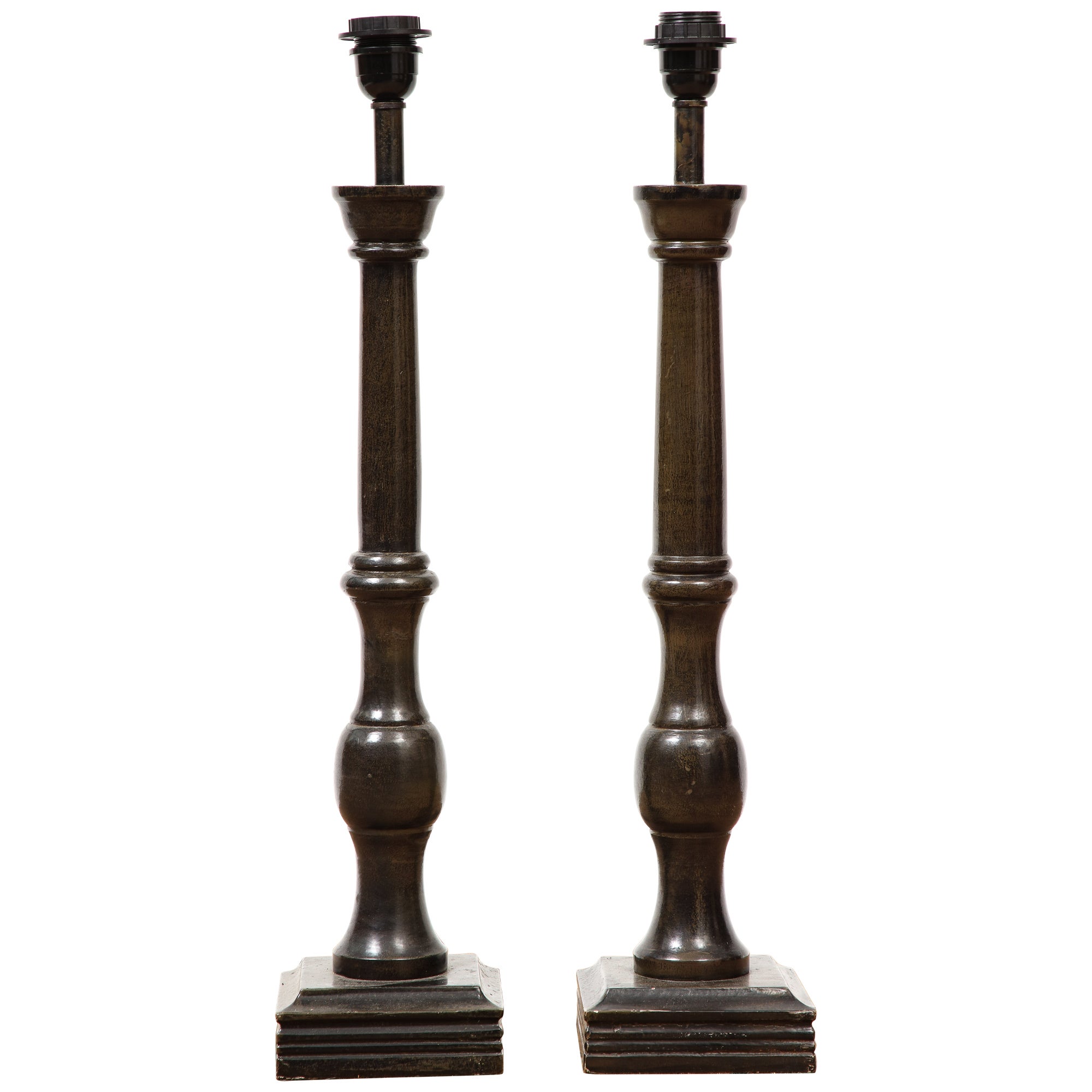 Pair of 20th Century Continental Turned Wood Lamps For Sale