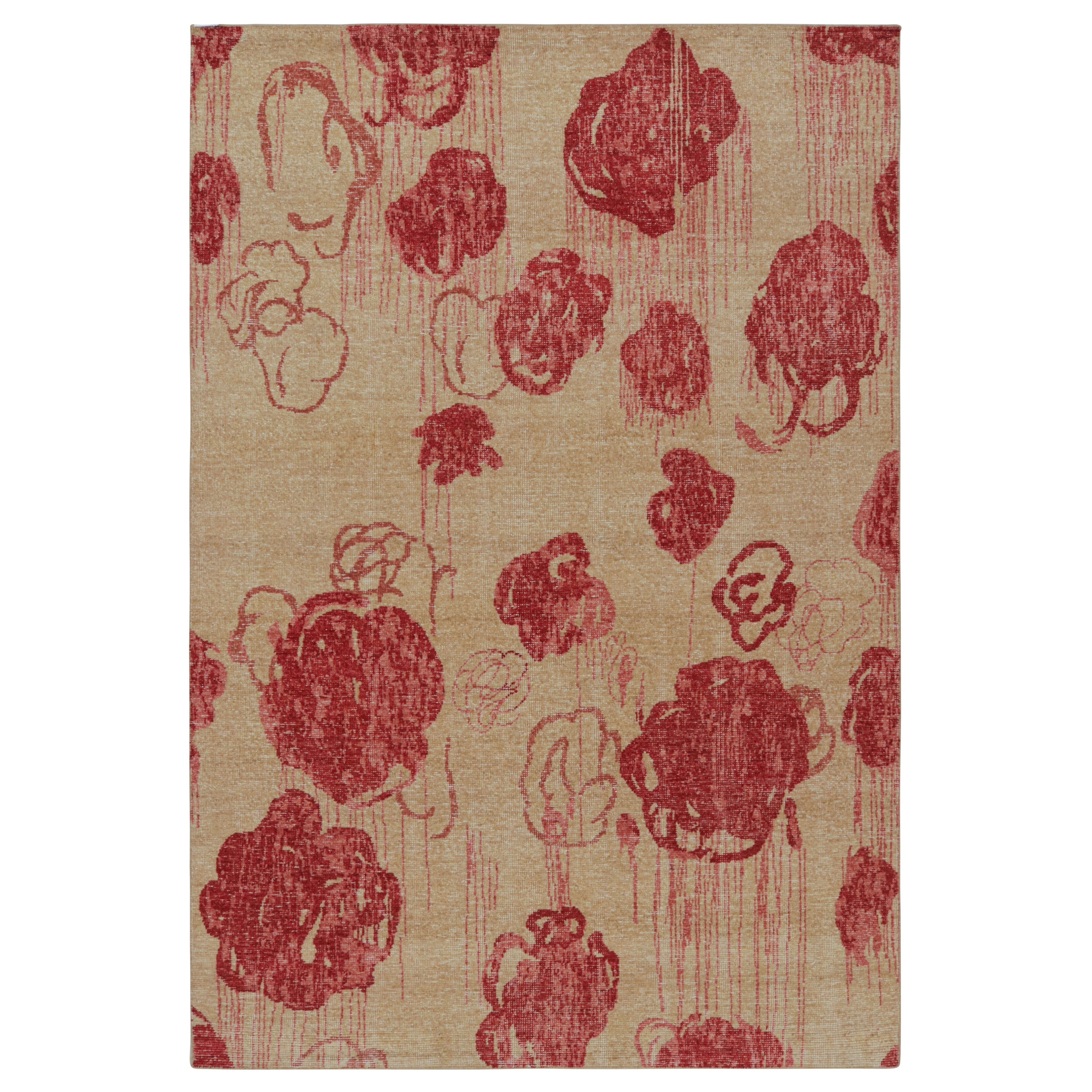 Rug & Kilim’s Modern Abstract Art Rug in Beige-Brown, with Red Floral Patterns For Sale