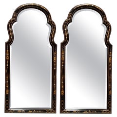 A Pair of Hand Painted Chinoiserie Arched top Beveled Mirrors 
