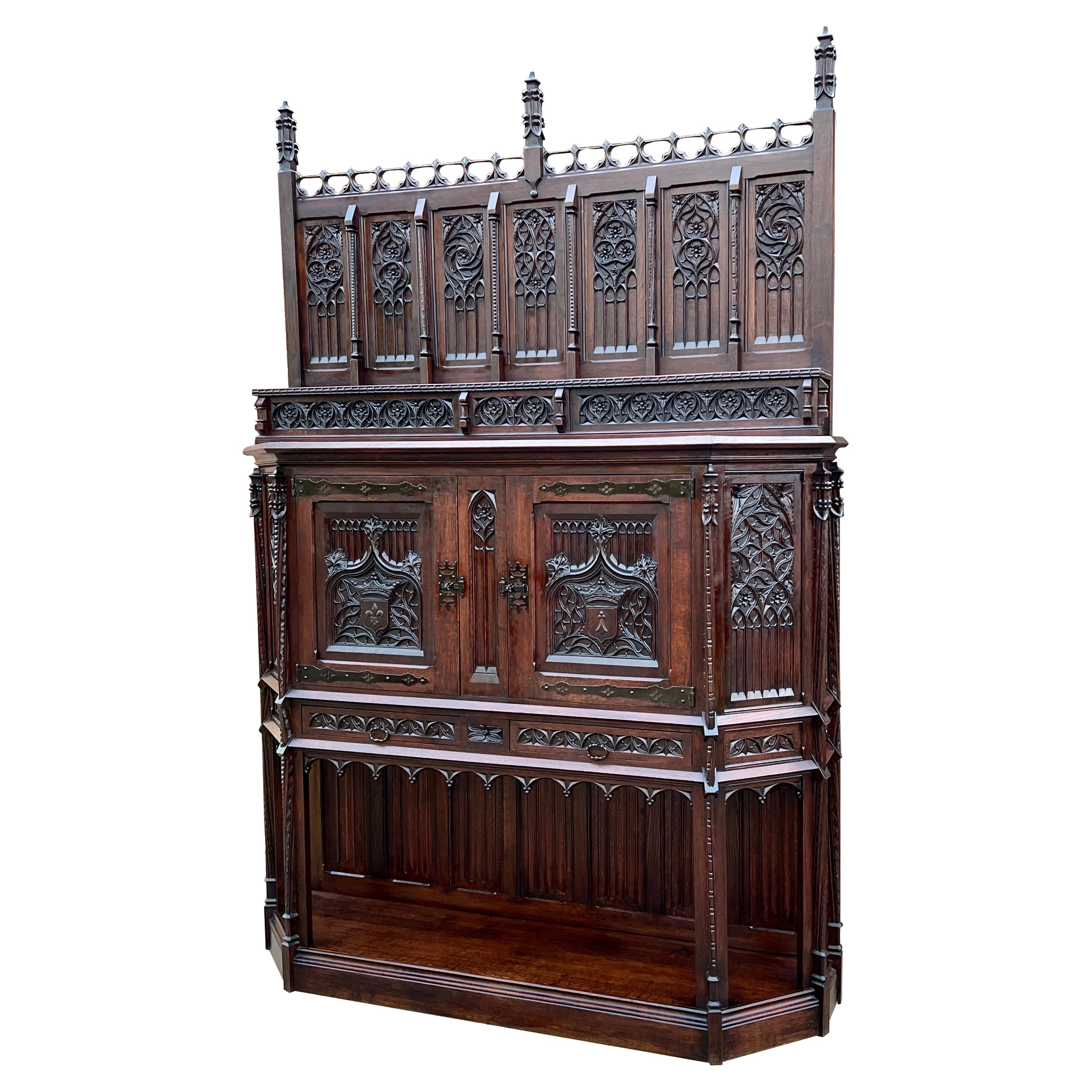 Antique French Gothic Cathedral Vestry Altar Wine Cabinet Bar Carved Oak 115" T For Sale