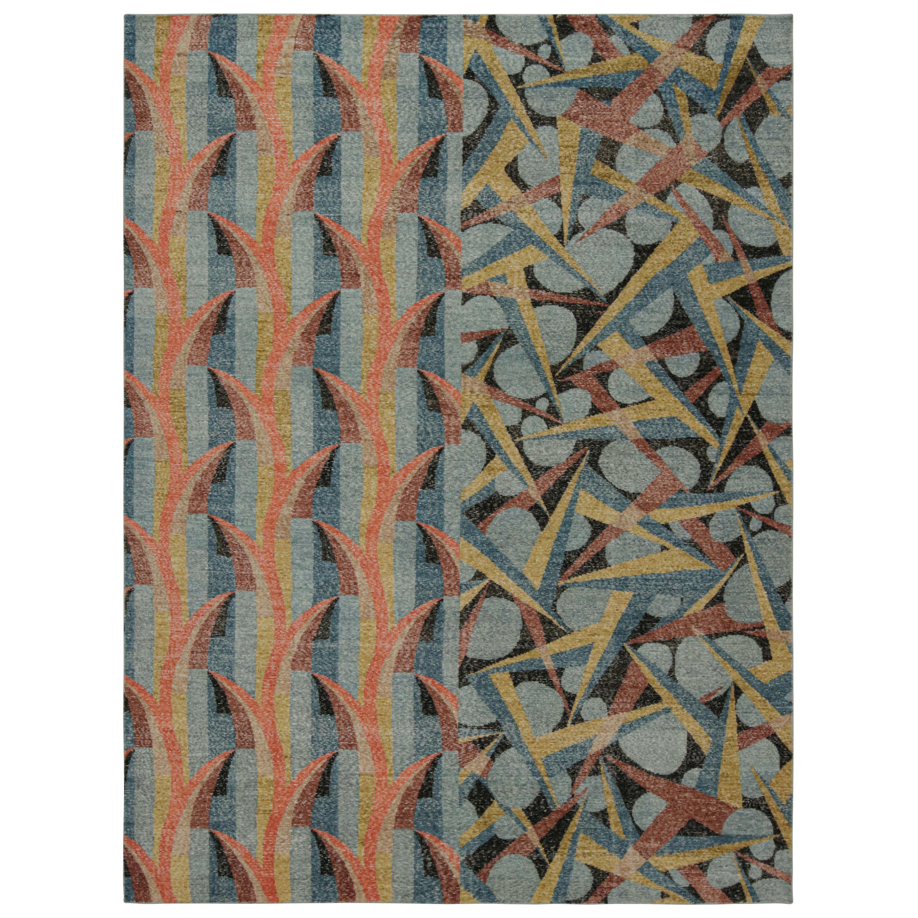 Rug & Kilim’s Distressed Deco Rug In Blue & Beige-Brown Geometric Patterns For Sale