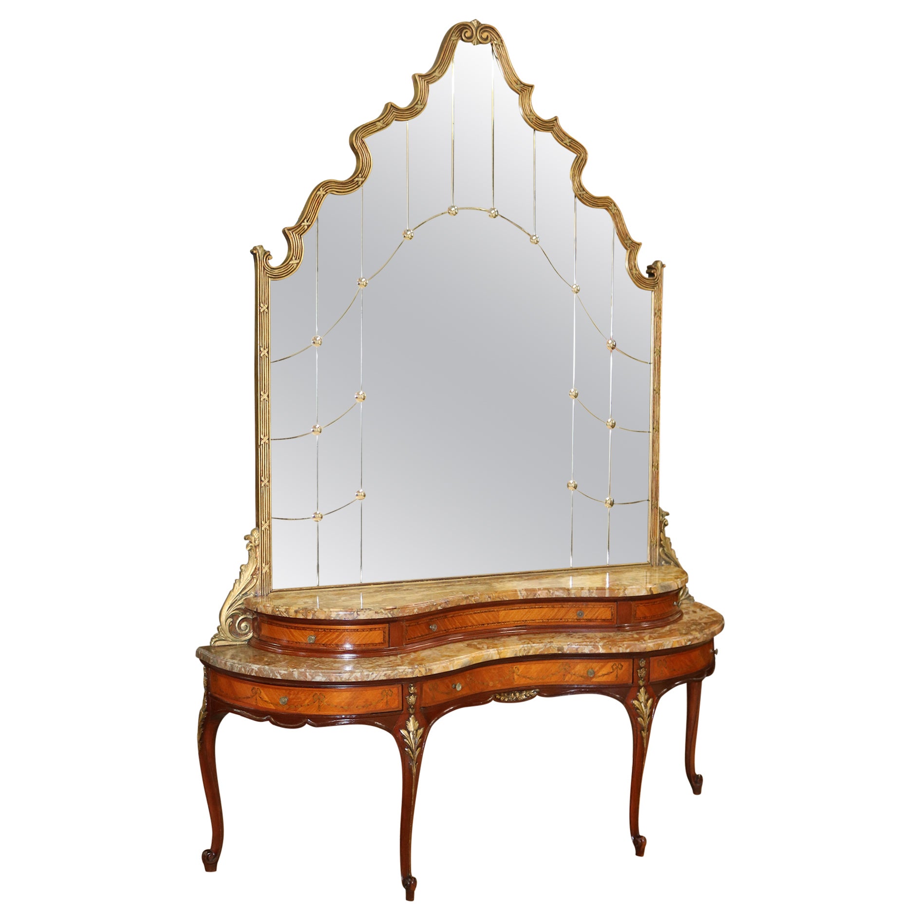 Etched Gold Mirror Marble Top Kingwood Vanity Circa 1920 For Sale