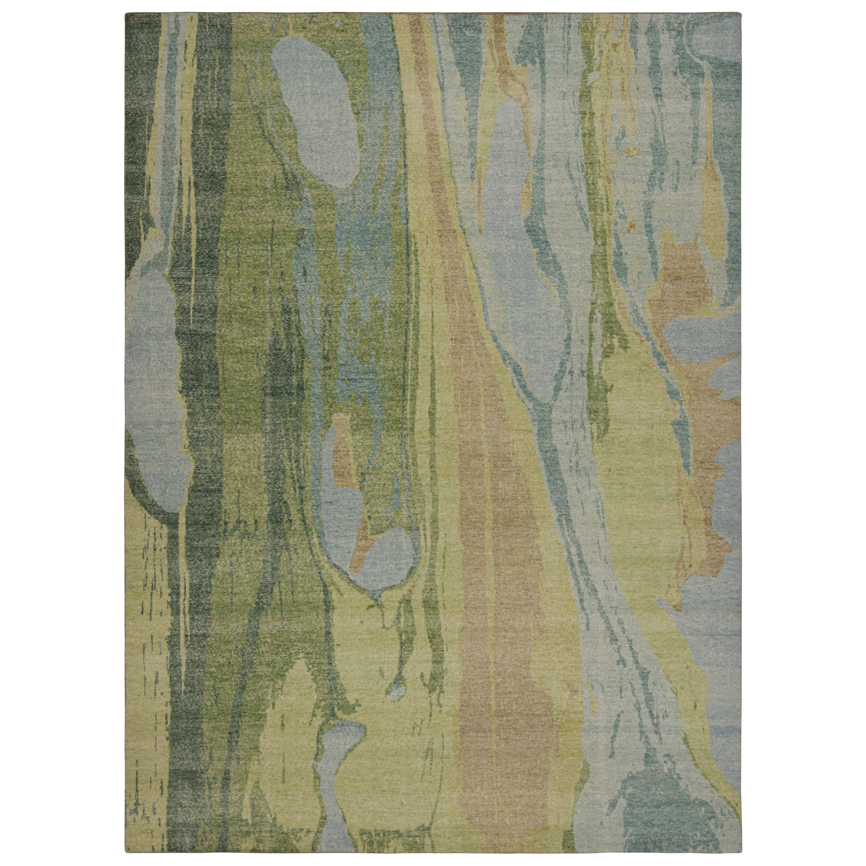 Rug & Kilim’s Contemporary Distressed Abstract Rug In Blue and Green For Sale