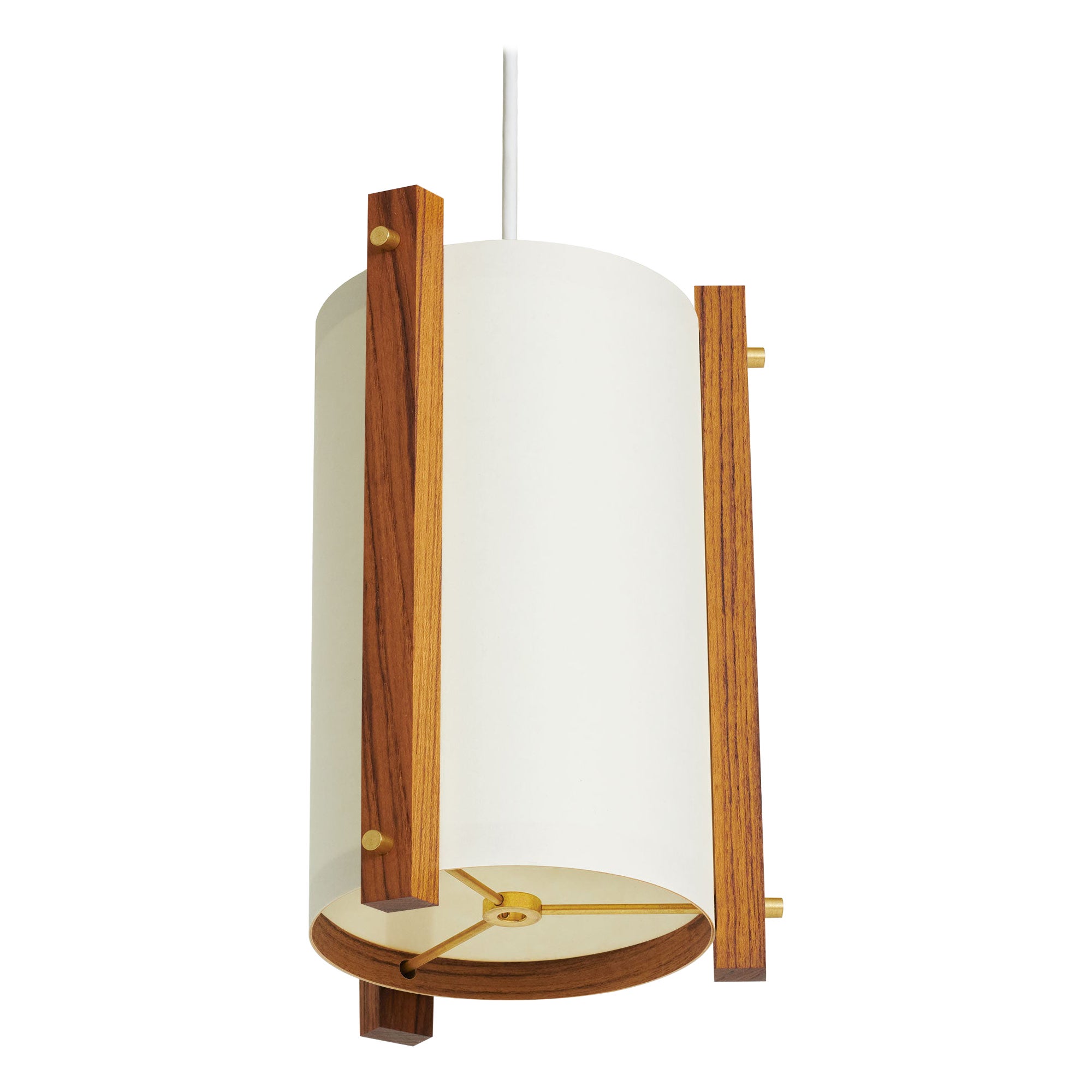 Japanese inspired mid-century white Teak and Brass Pendant Lamp - small For Sale