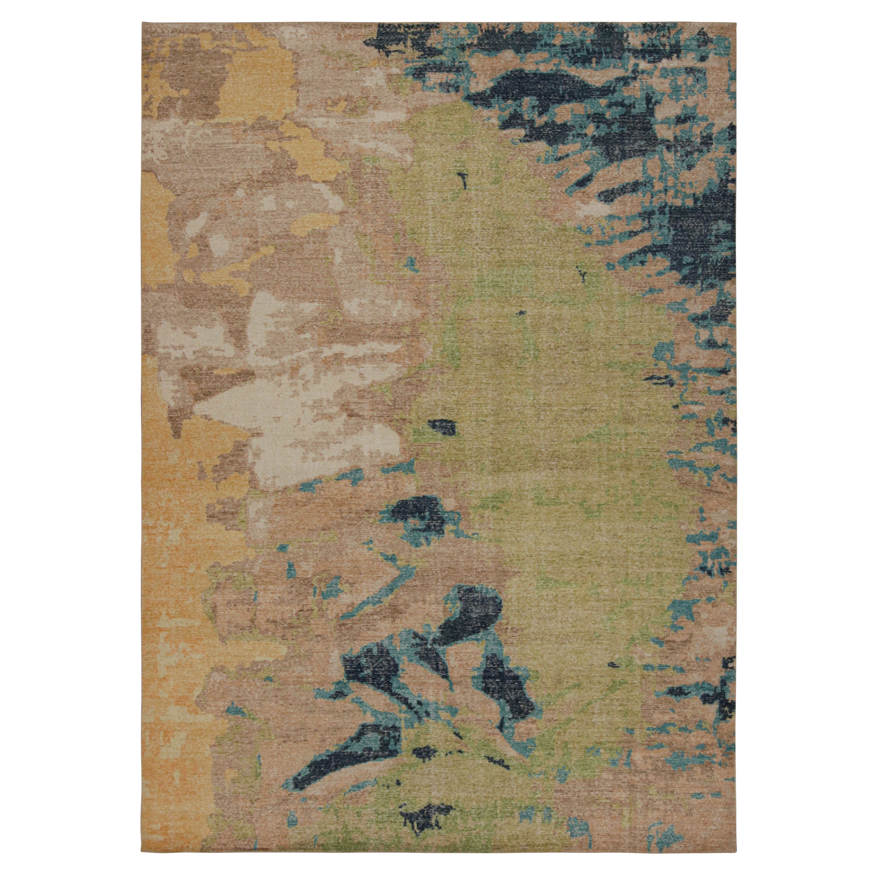 Rug & Kilim’s Contemporary Distressed Abstract Rug In Beige, Blue and Green For Sale