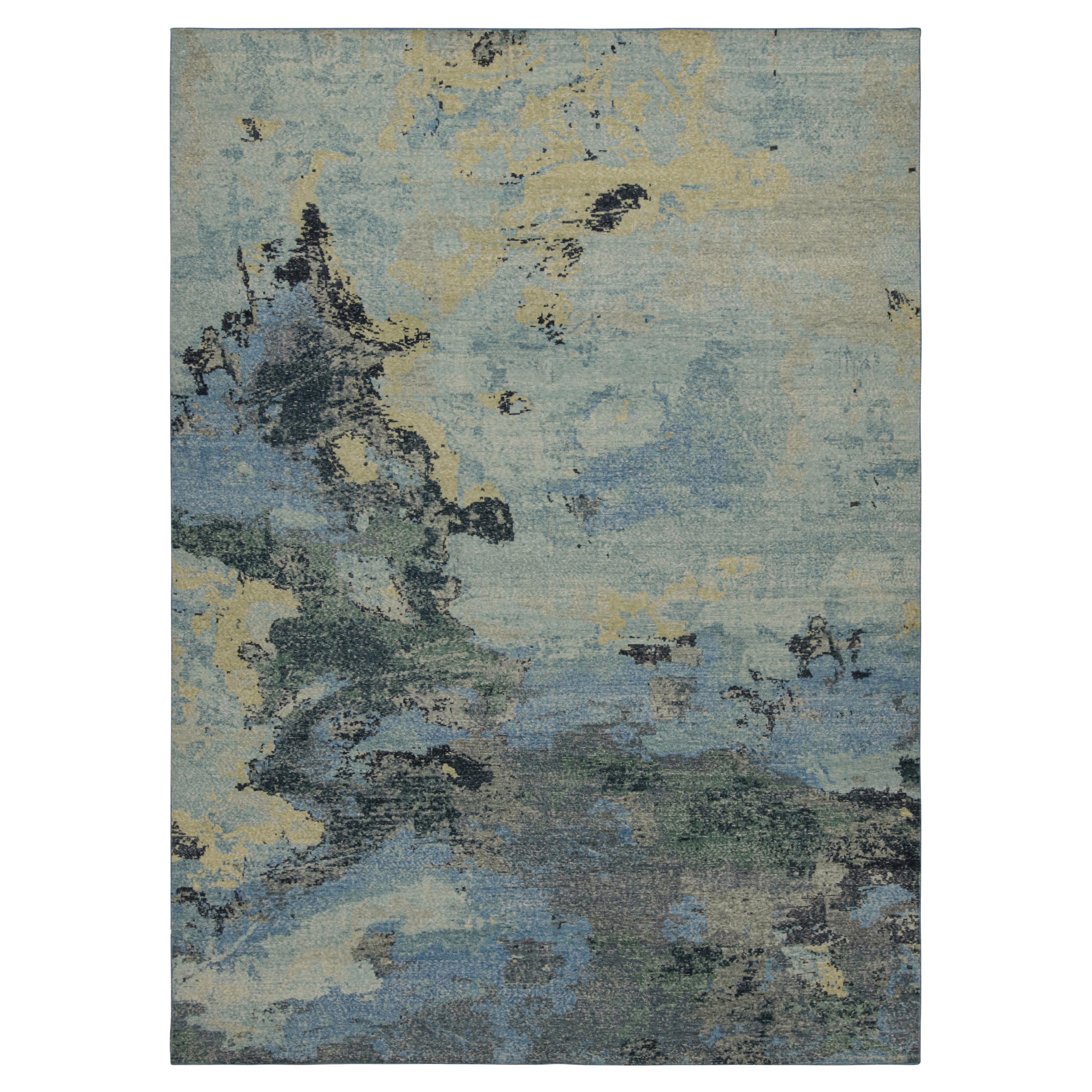 Rug & Kilim’s Contemporary Distressed Abstract Rug In Beige, Blue and Gray For Sale