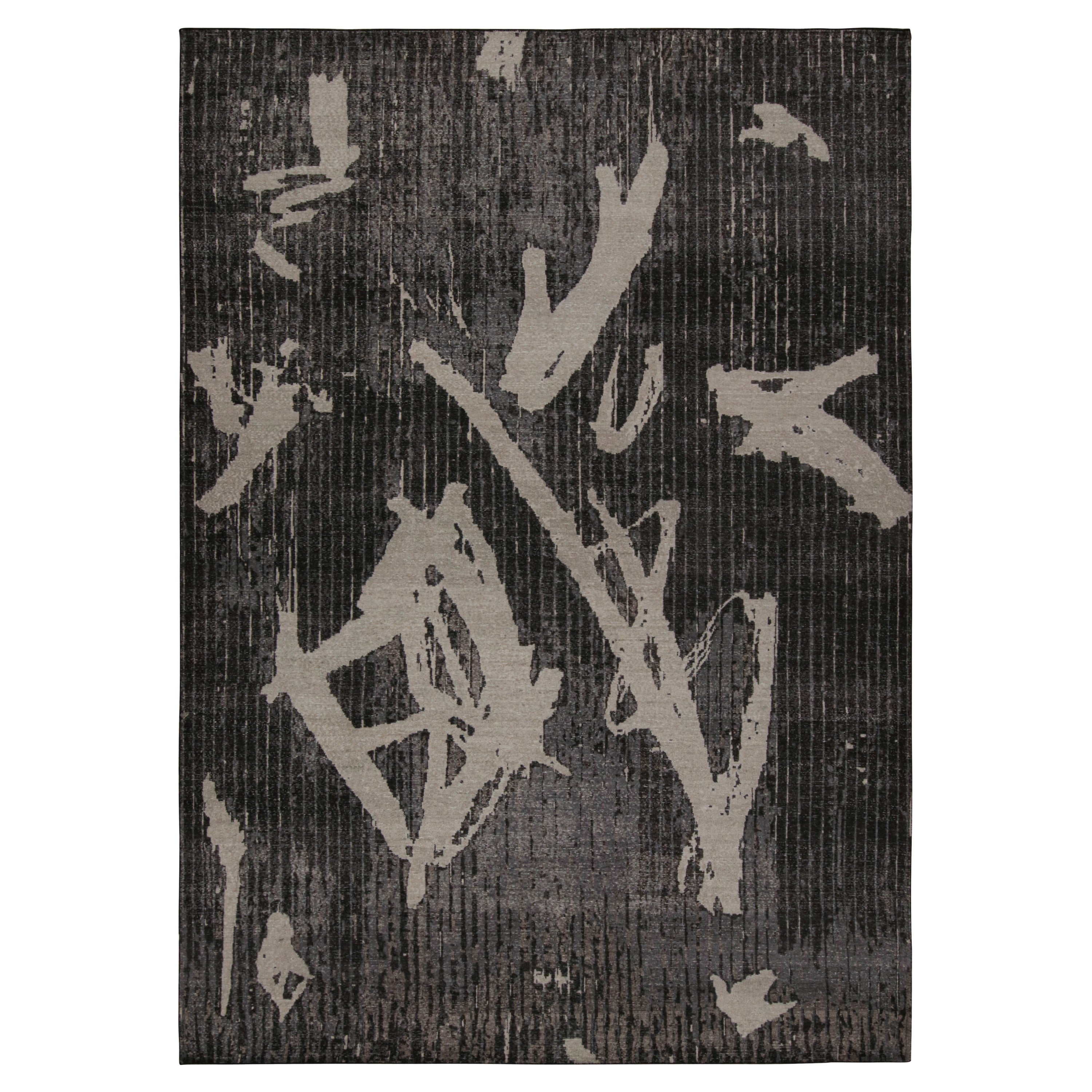 Rug & Kilim's Modern Rug Distressed In Black and Gray Geometric Pattern im Angebot