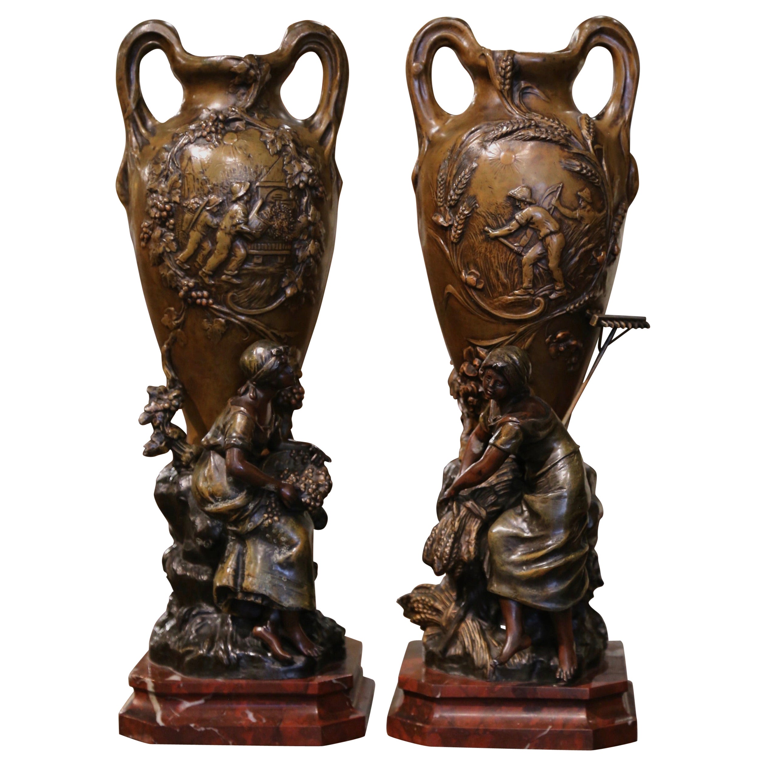 Pair 19th Century French Verdigris Spelter Vases on Marble Bases Signed Moreau For Sale