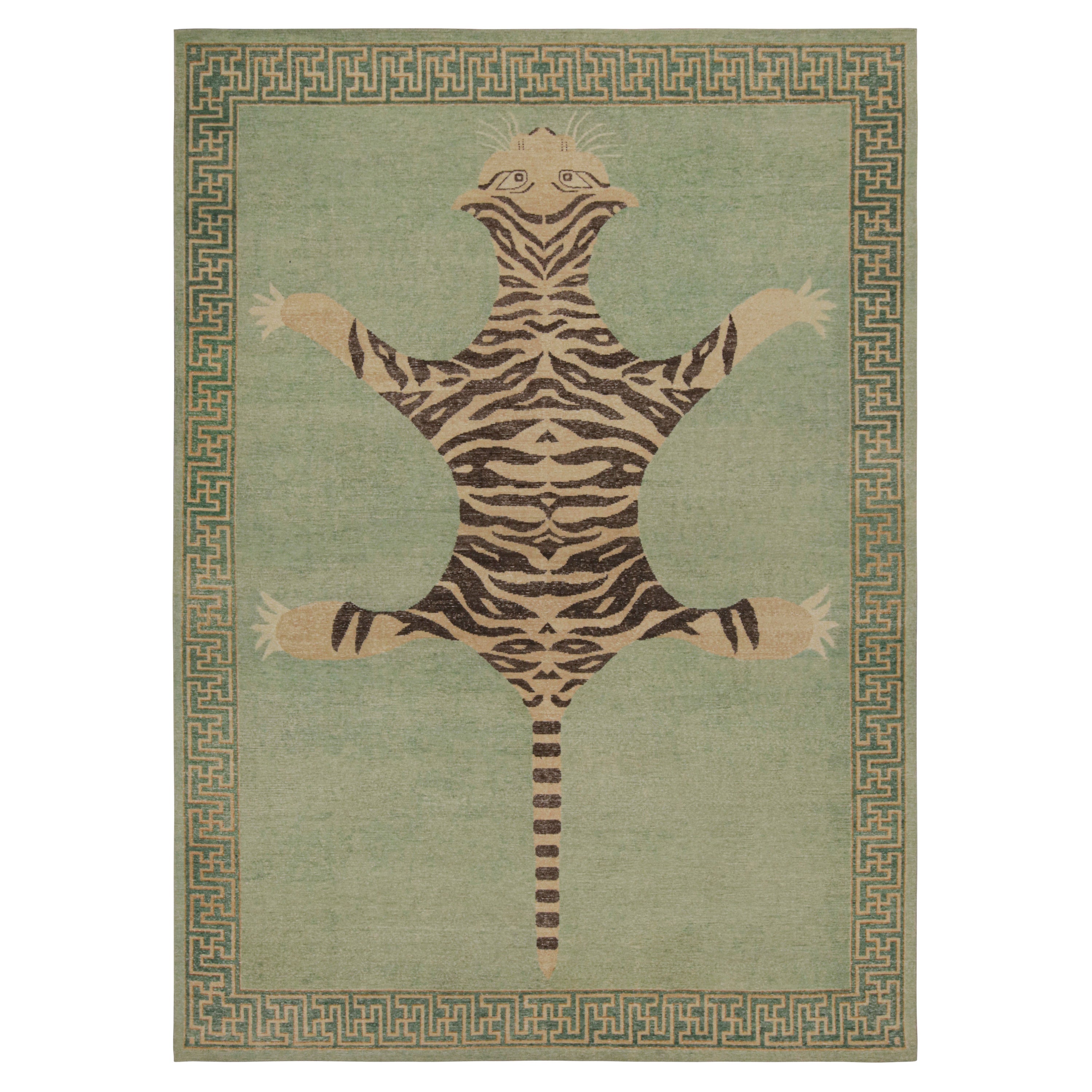 Tapis Classic Pictorial Tiger in Green and Brown Custom Pattern By Rug & Kilim