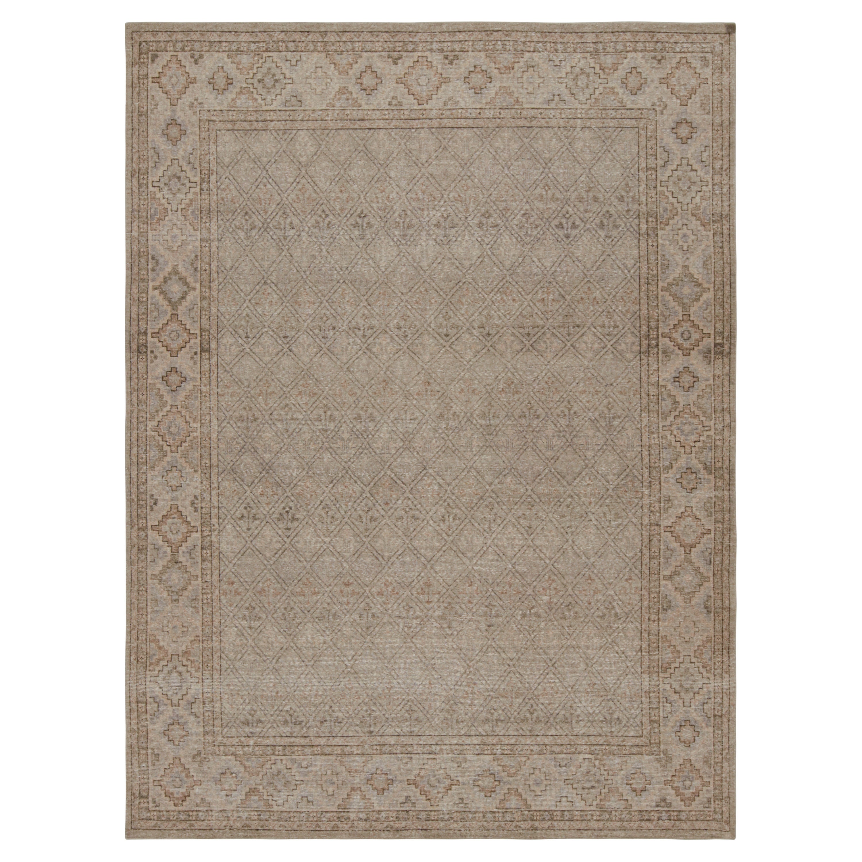 Rug & Kilim’s Distressed Rug In Beige, Gray And Blue Geometric Pattern For Sale