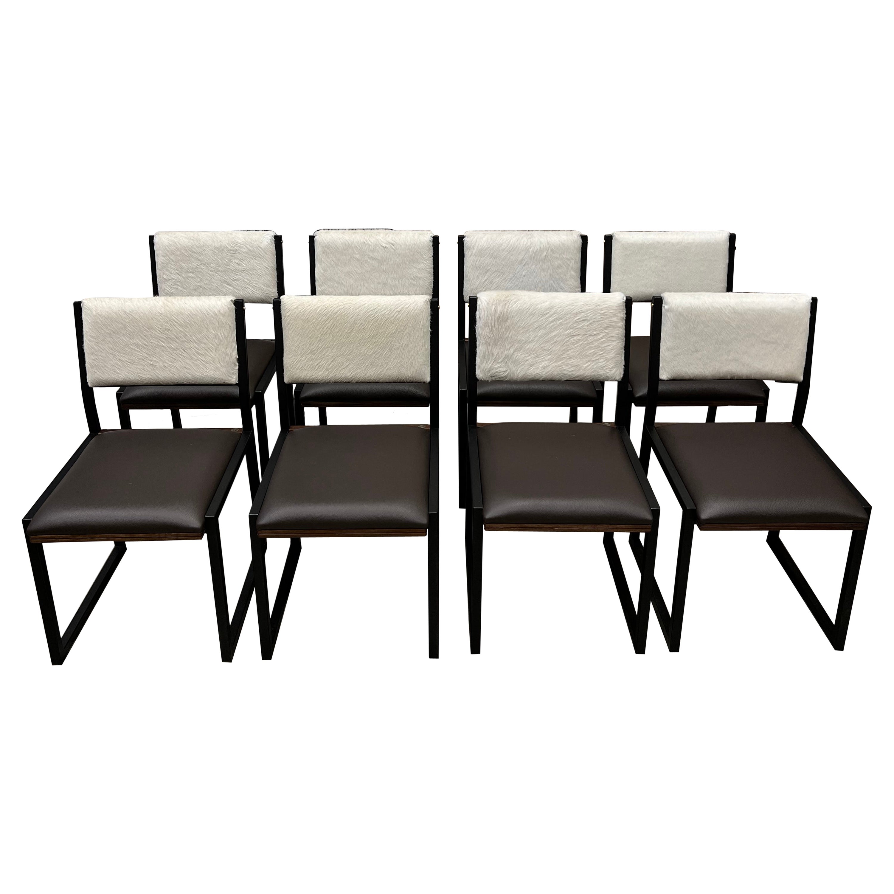 8x Shaker Modern Chairs by Ambrozia, Walnut, Dark Brown Leather, White Cowhide For Sale