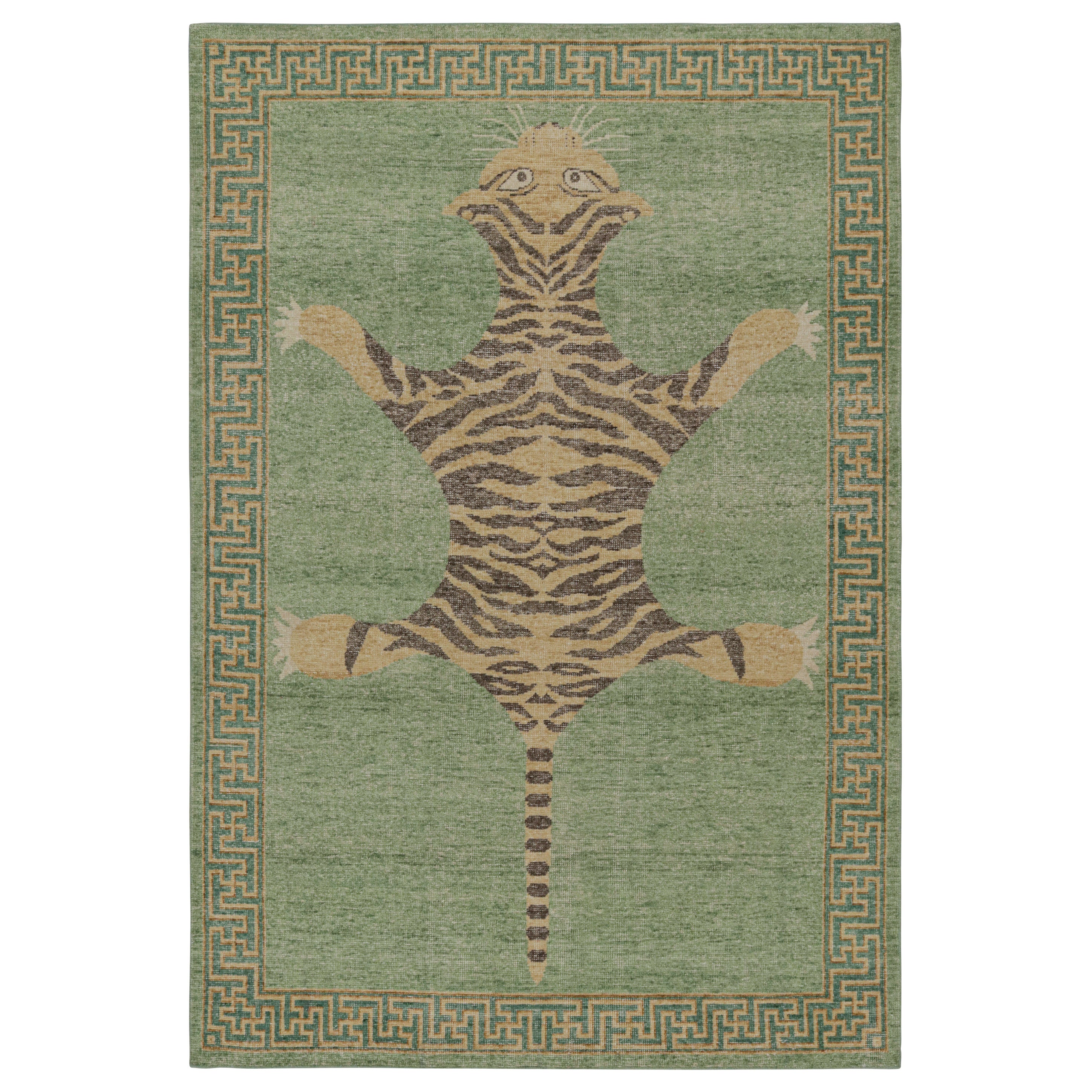 Classic Pictorial Tiger Rug in Green and Brown Custom Pattern By Rug & Kilim For Sale