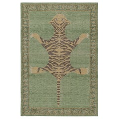 Tapis Classic Pictorial Tiger in Green and Brown Custom Pattern By Rug & Kilim