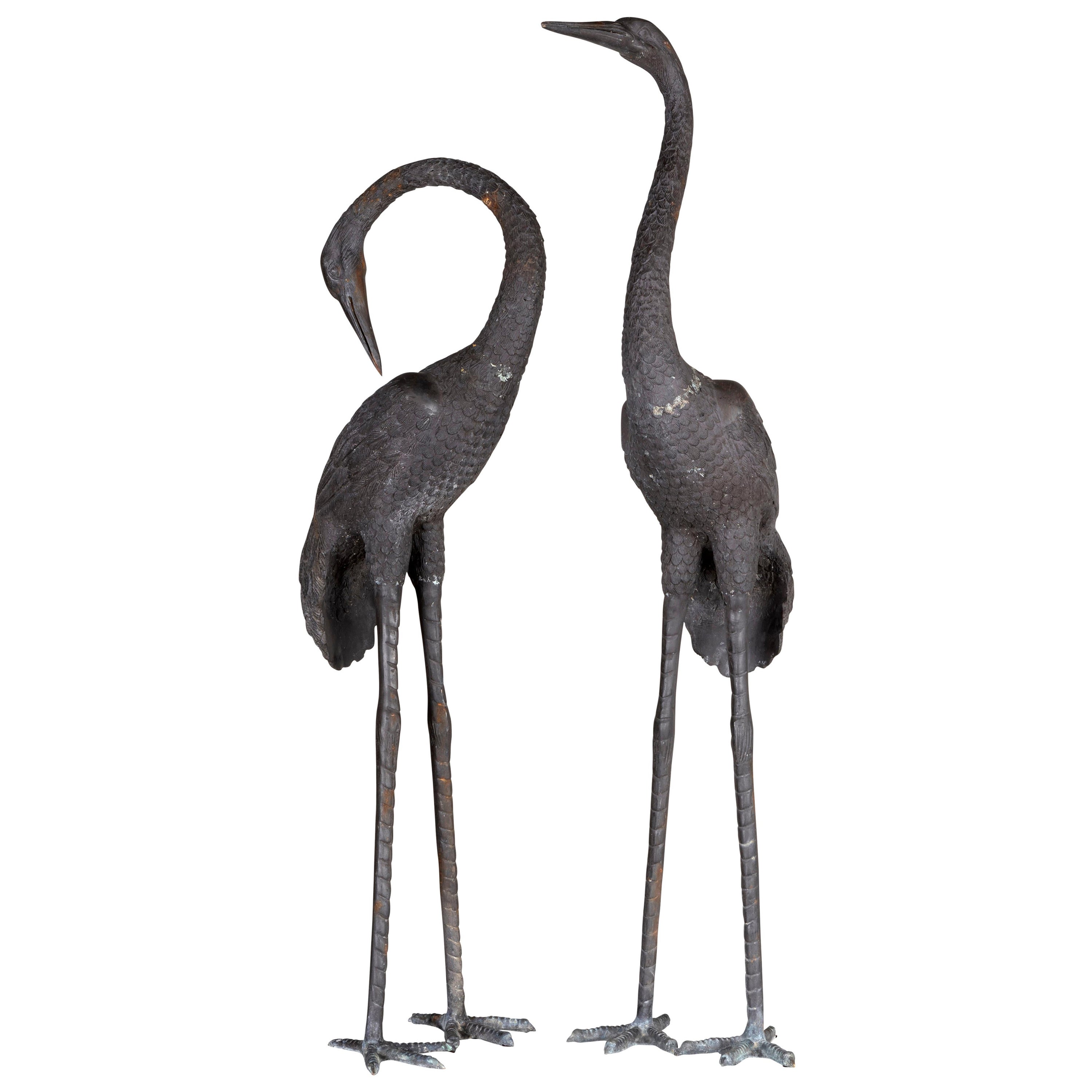 Pair of Cast Iron Cranes in Verdi Finish For Sale