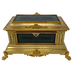 Antique French Gold Bronze & Mosaic with Malachite Jewel Box Signed "Tahan."