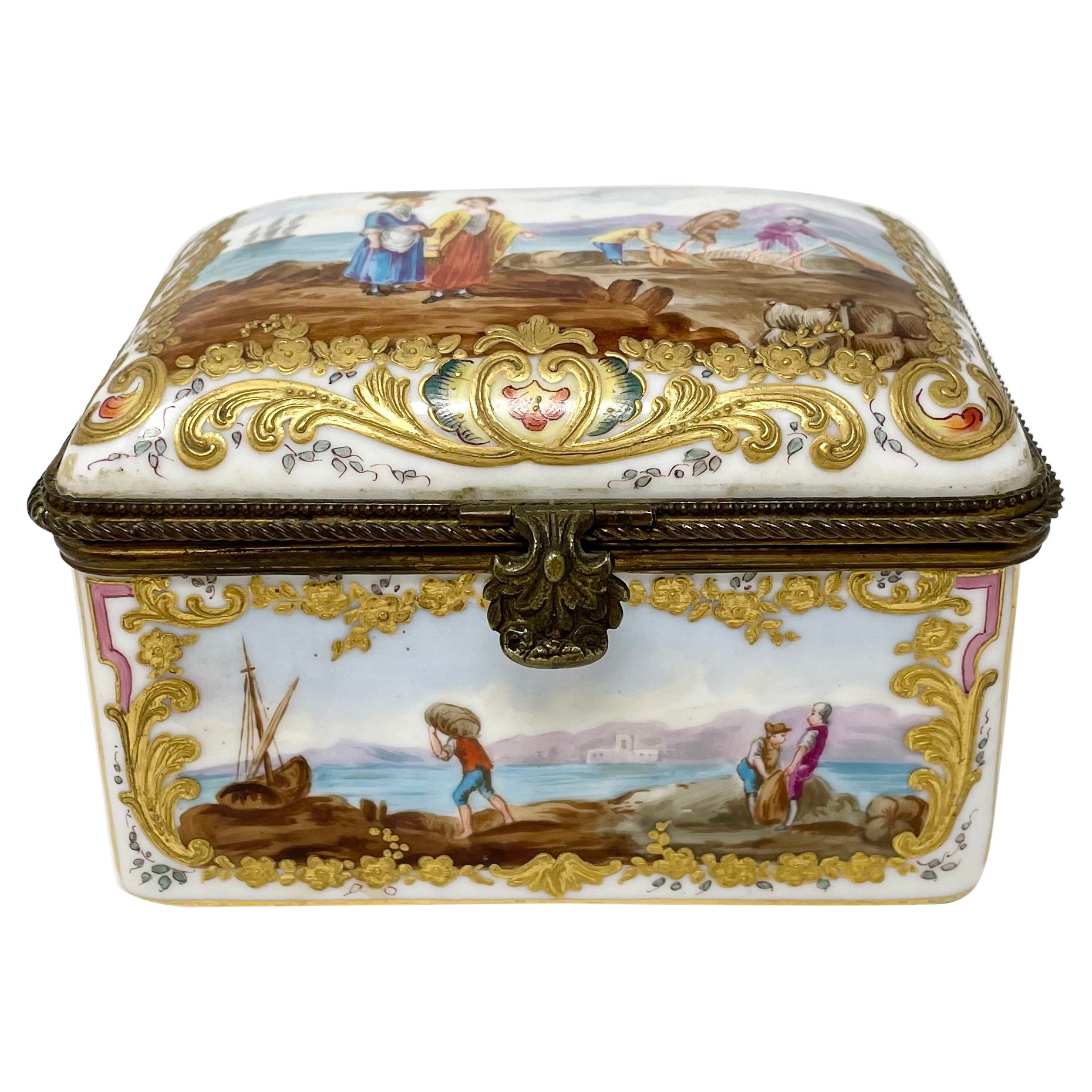 Antique German Dresden Porcelain Box with Delicate Painting, Circa 1860-1870. For Sale