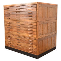 Used Arts & Crafts Oak 15-Drawer Architect's Blueprint Flat File Cabinet by Hamilton