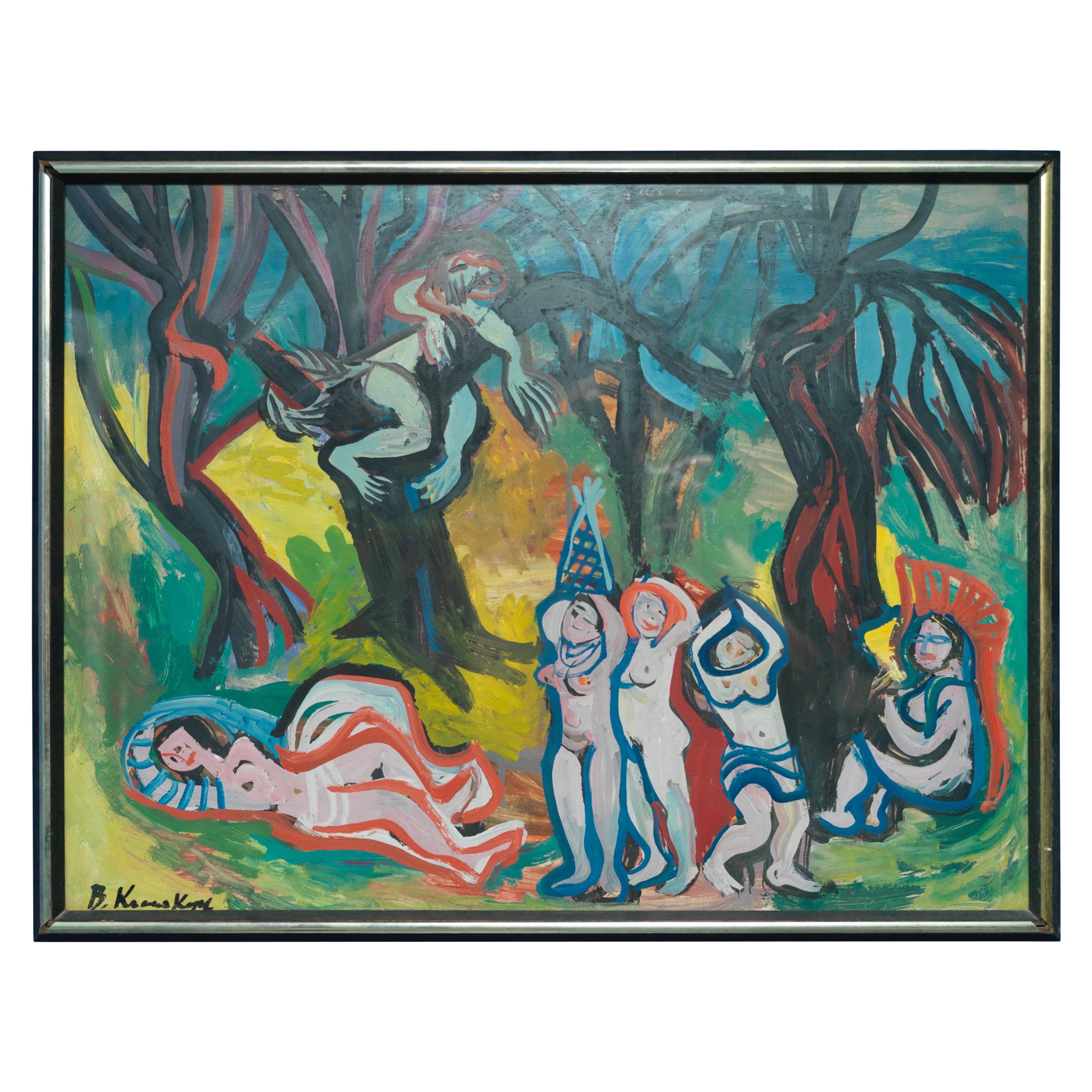 Bruno Krauskopf, 1892-1960, “Merry Maidens” Gouache on Paper Painting For Sale
