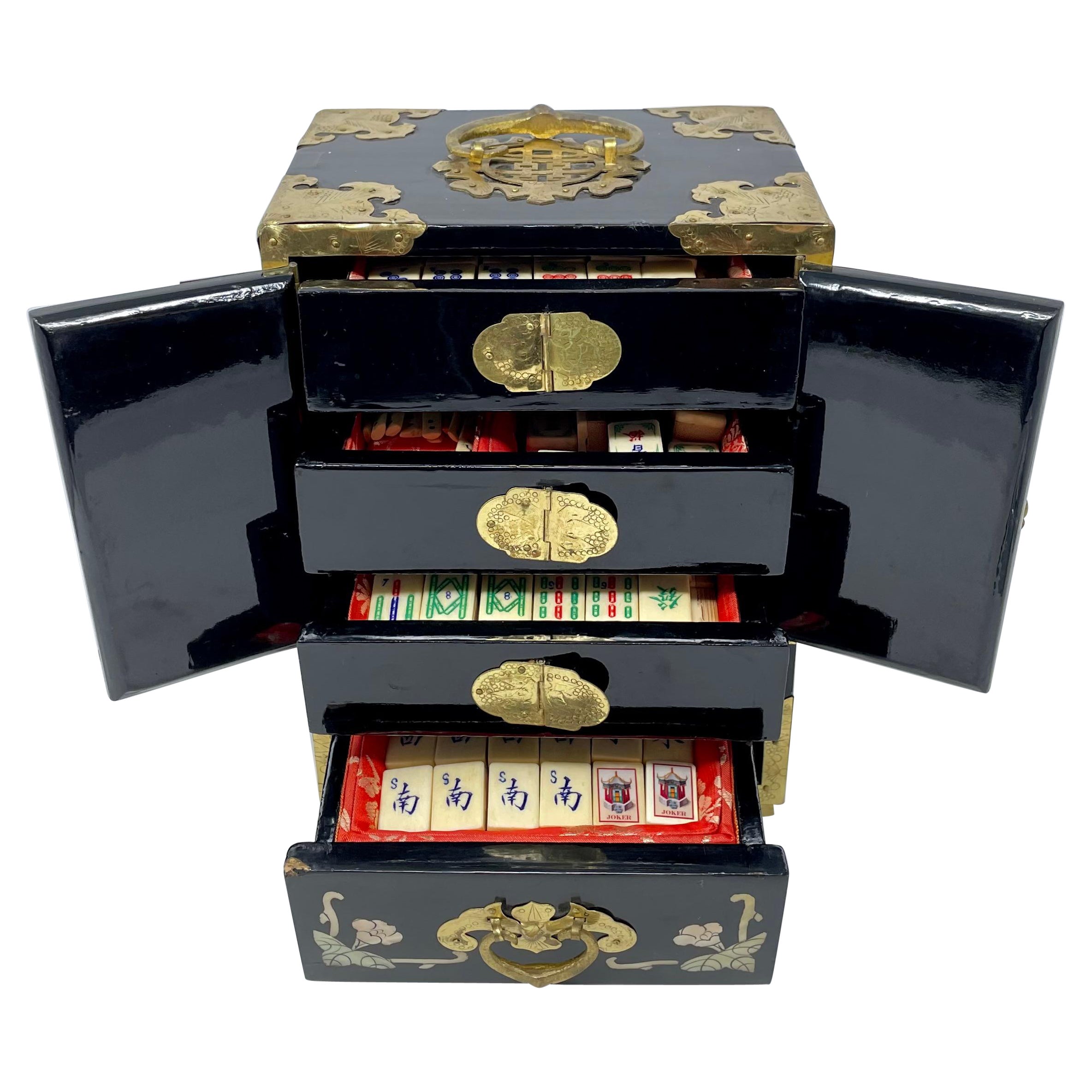 Antique Chinese Lacquer Mahjong Games Box with Brass Mounts, Circa 1910-1920.