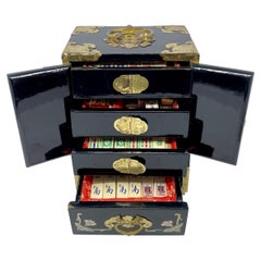 Antique Chinese Lacquer Mahjong Games Box with Brass Mounts, Circa 1910-1920.