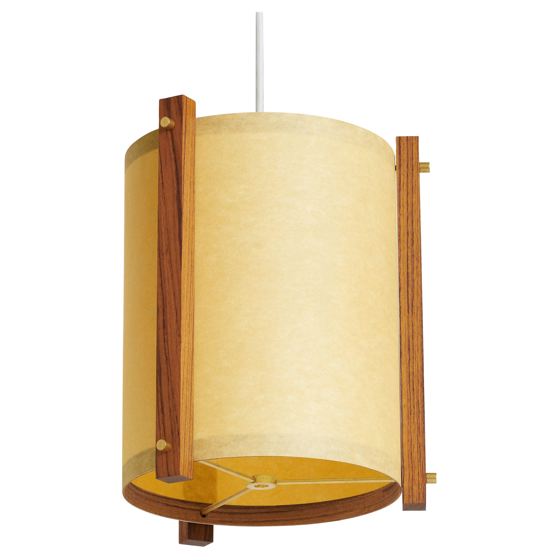 Lampe à suspension d'inspiration japonaise du milieu du siècle dernier en teck et laiton - moyen