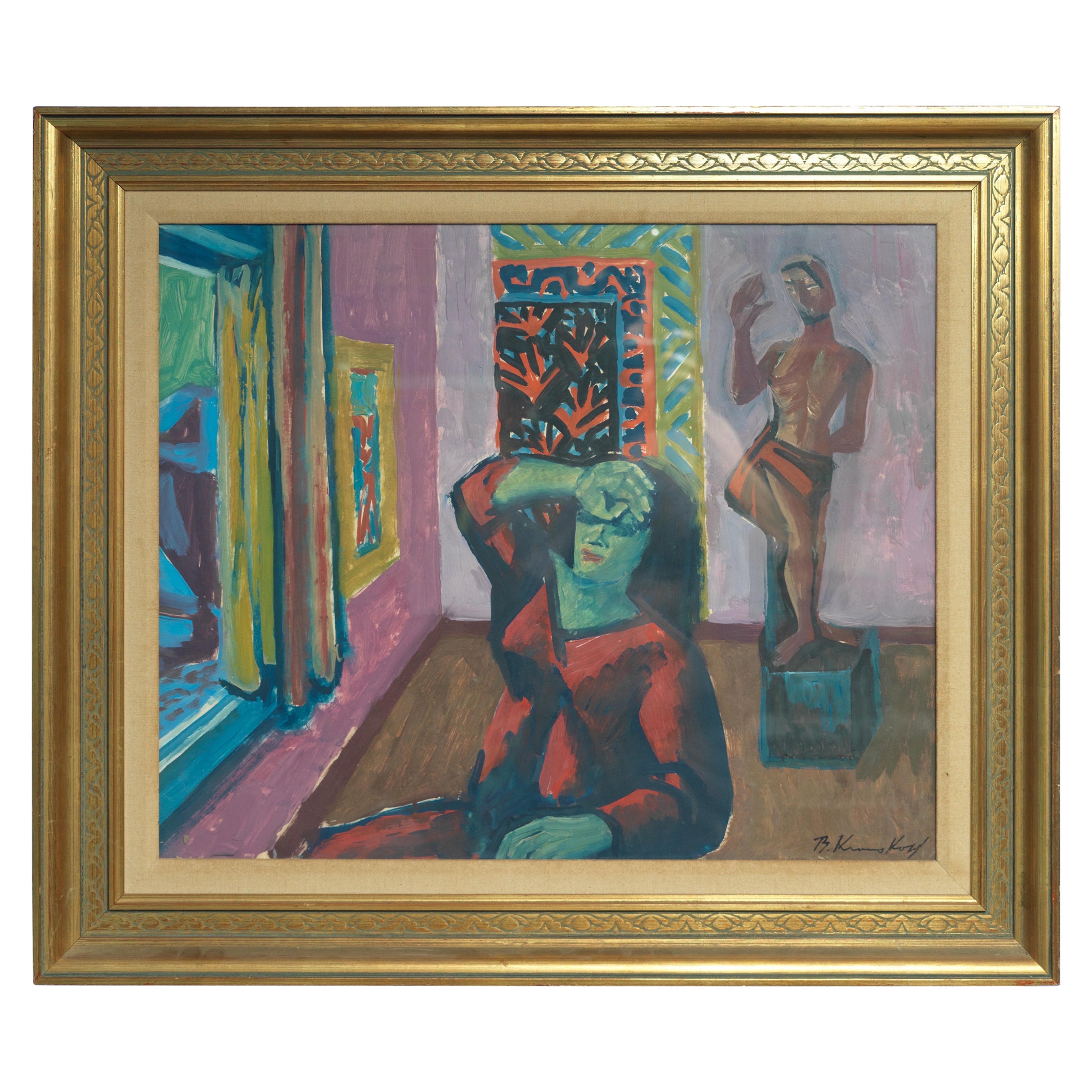 Bruno Krauskopf, 1892-1960, Porträtfrau mit Matisse- Gouache-Papiergemälde