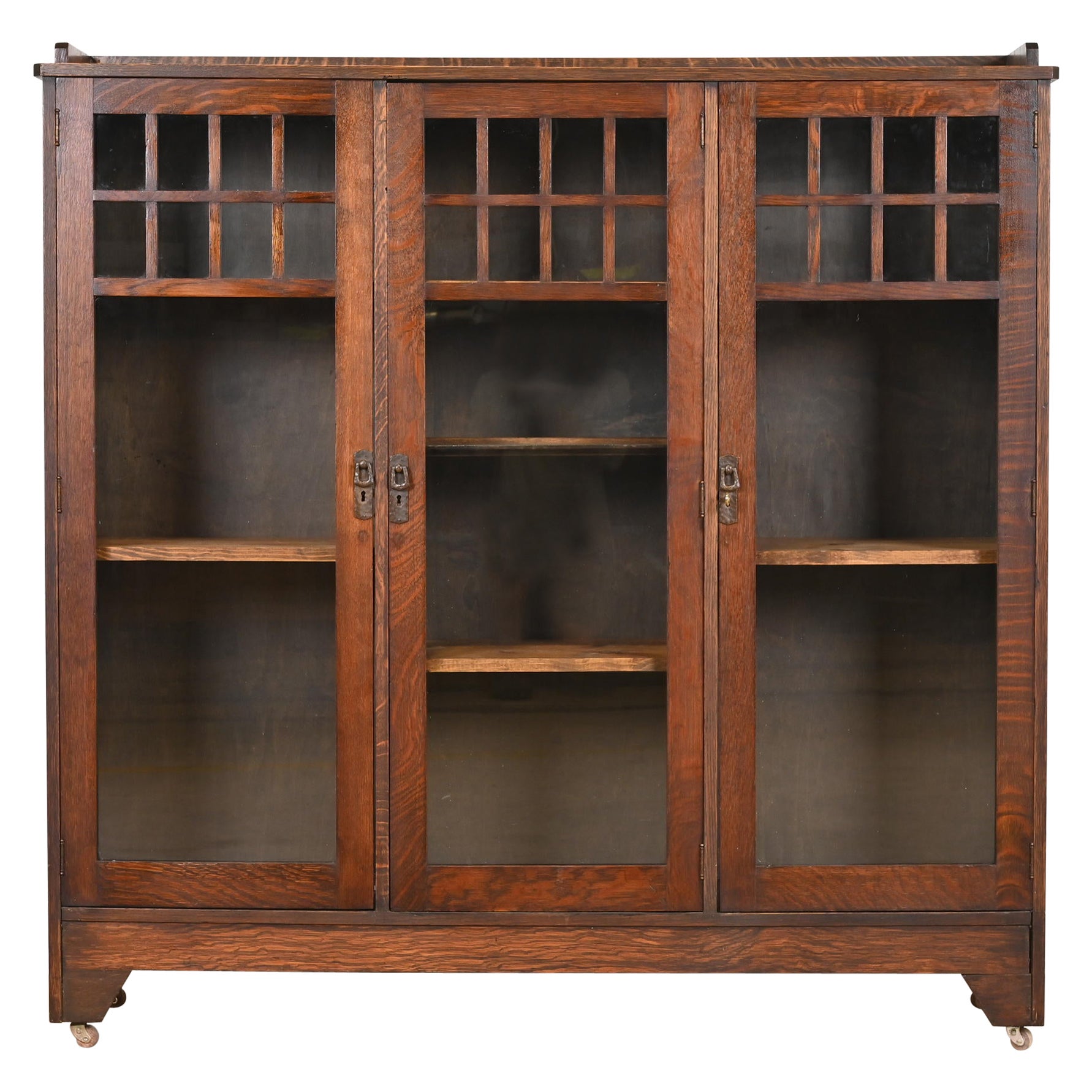 Lifetime Mission Oak Arts and Crafts Triple Bookcase, Circa 1900