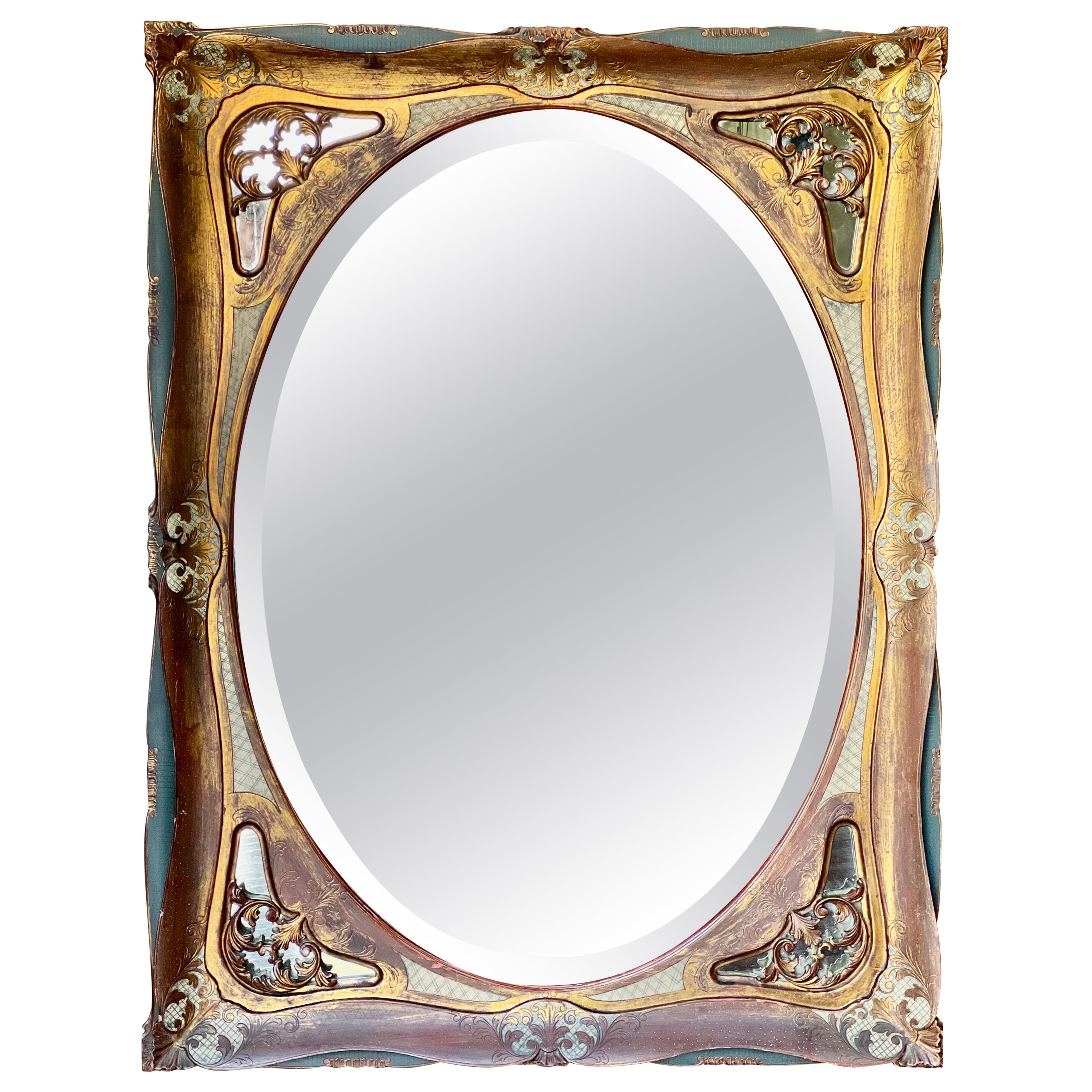 Antique Italian Baroque Gold Leaf and Enameled Beveled Mirror For Sale
