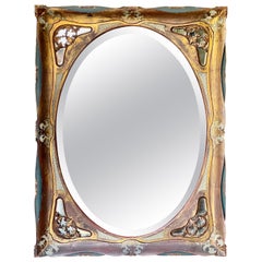 Antique Italian Baroque Gold Leaf and Enameled Beveled Mirror
