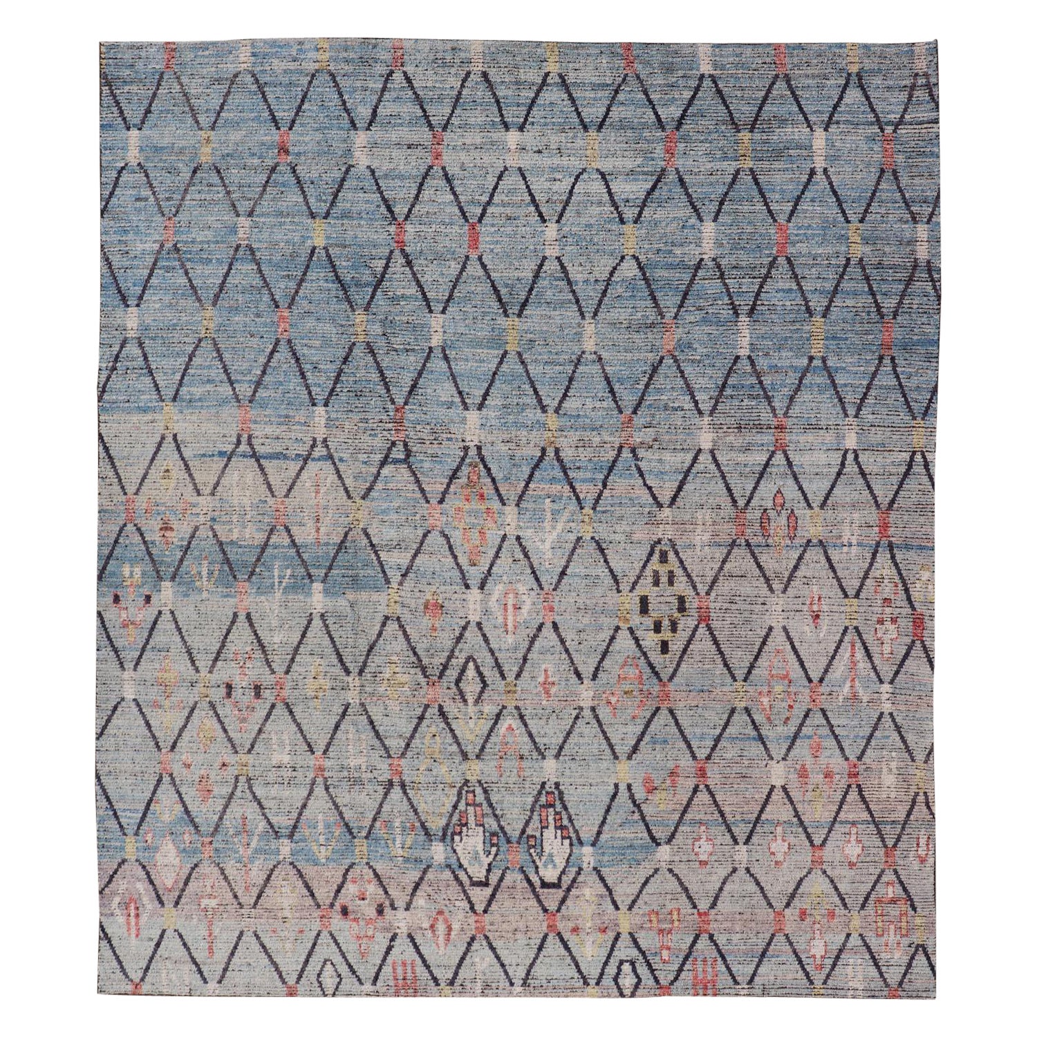 Modern Hand-Knotted Moroccan Rug with All-Over Geometric Design in Wool in Blue 