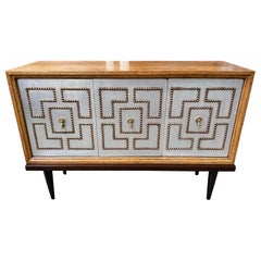 Tommi Parzinger Style Studded Front 3 Door Credenza on Bench