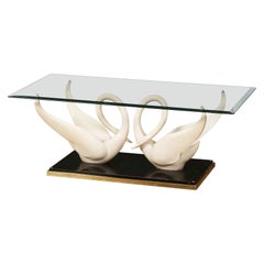 Maison Jansen Coffee or Cocktail Table with Swan Base and Glass Top, Signed