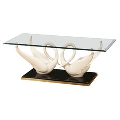 Retro Maison Jansen Coffee or Cocktail Table with Swan Base and Glass Top, Signed