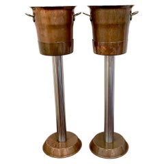 Vintage Pair of Hotel Copper & Steel Champagne Buckets & Stands, by Spring Culinox