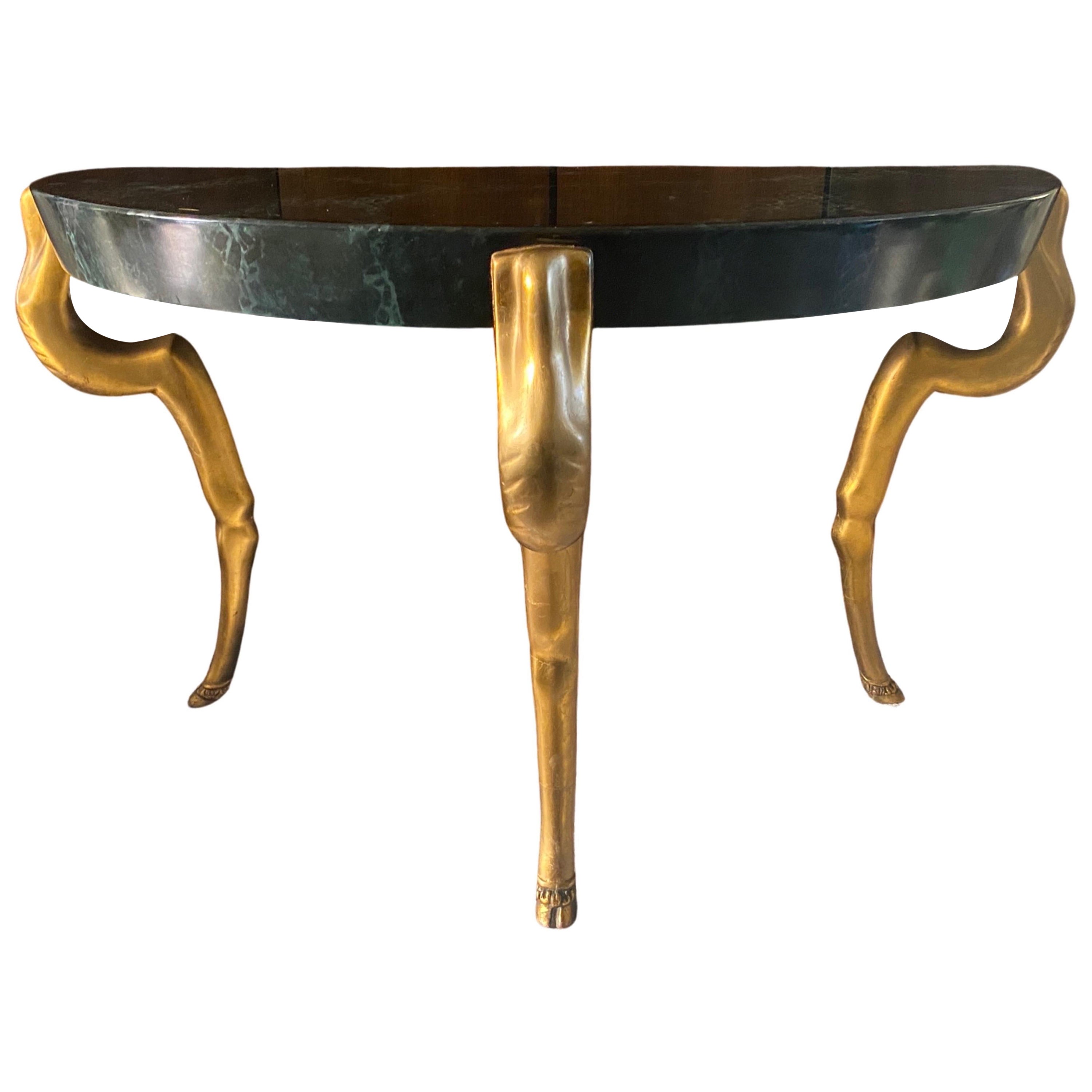 Demilune Console Gold Leaf Hoof Legs/Hand-Painted Marble Top Manner of Duquette For Sale