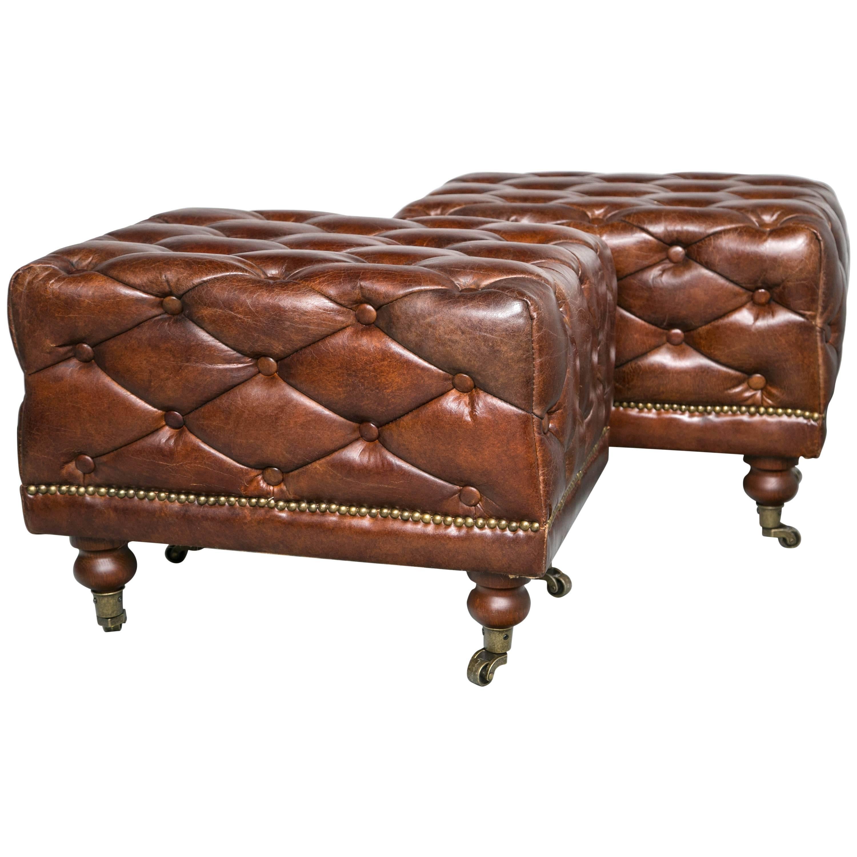 Pair of Tufted Leather Ottomans, Manner of Ralph Lauren