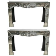 Pair of Antiqued Pagoda Style Mirrored Console with Subtle Chinese Etchings