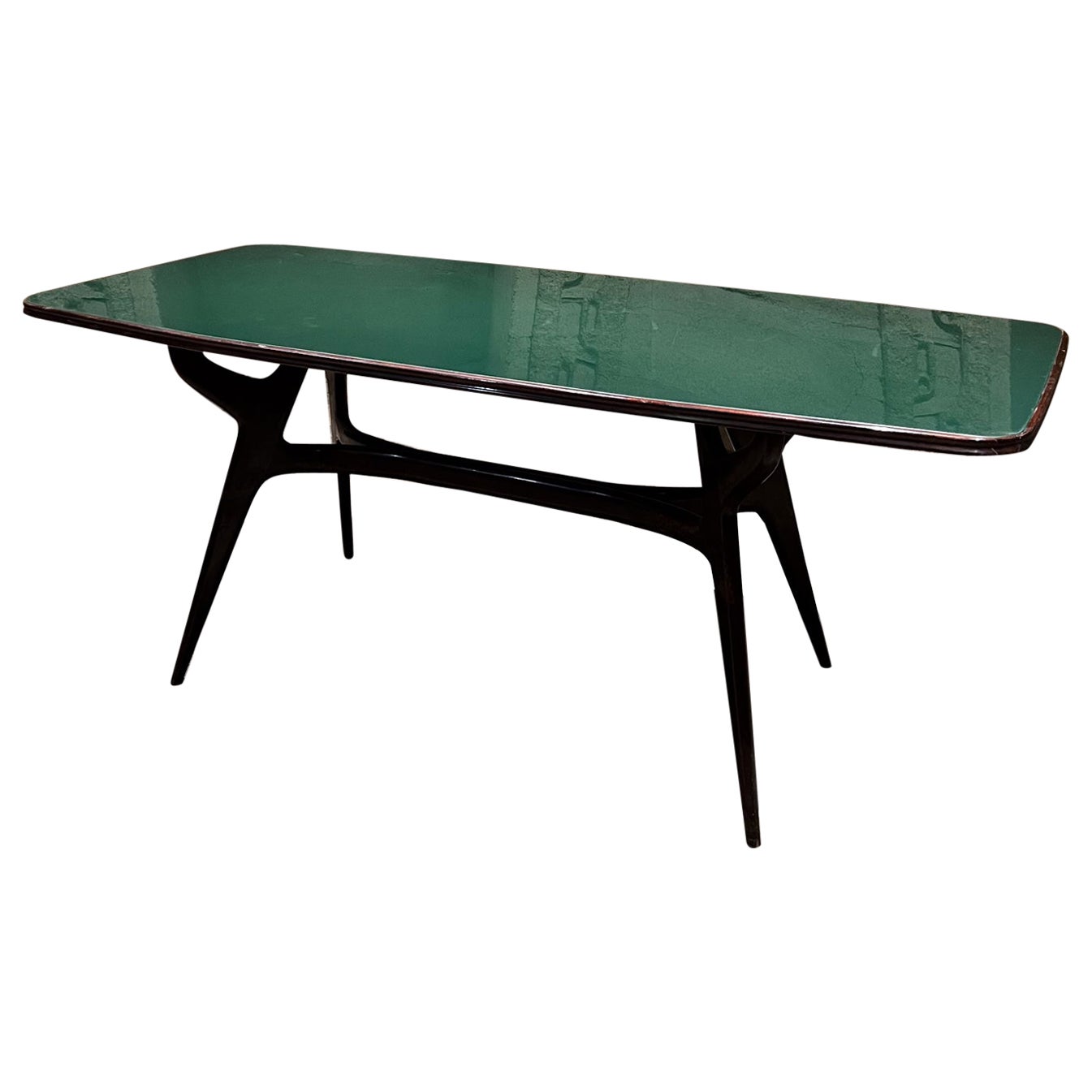Architectural Italian Glass Mahogany Dining Table Style Ico Parisi Italy 1950s