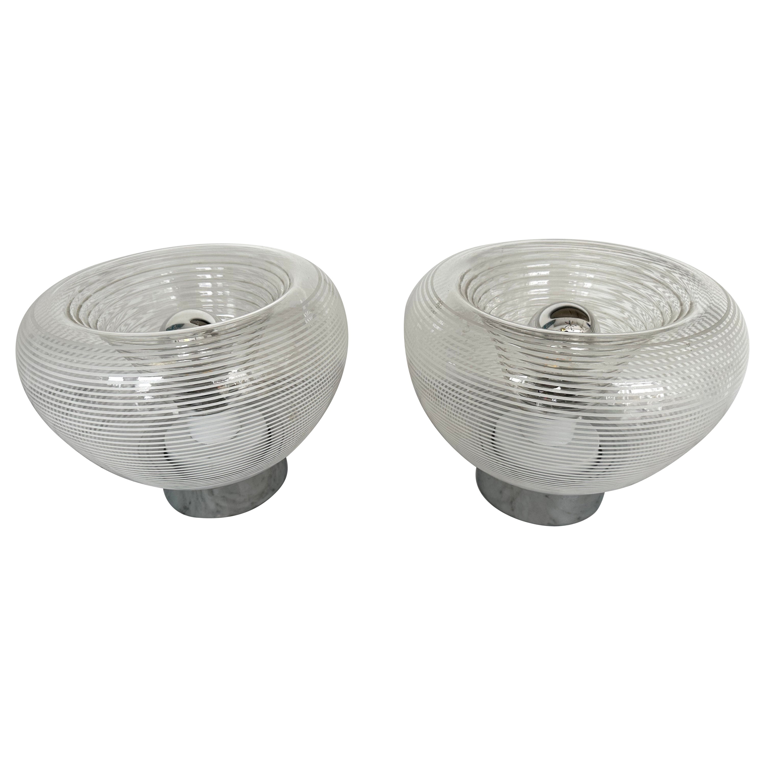 Pair of Stripe Murano Glass and Metal Chrome Lamps by VeArt, Italy, 1970s For Sale